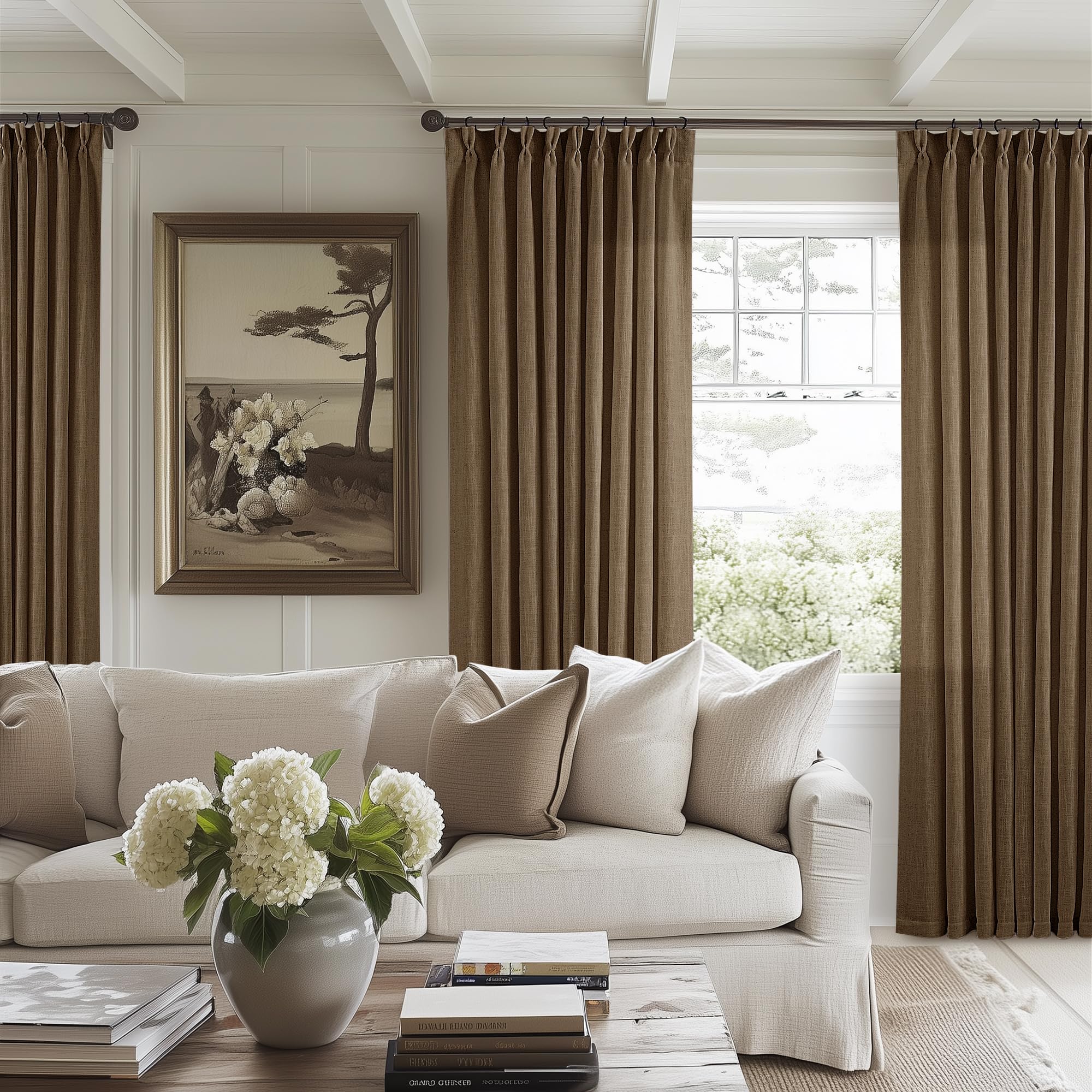 Natural Pinch Pleated Linen Curtains 84 Inch Length 2 Panels for Living Room Bedroom Textured Cream Ivory Birch Semi Sheer Boho Neutral Back Tab Pinch Pleat Hooks Rings Window Curtain 84 Inches Long