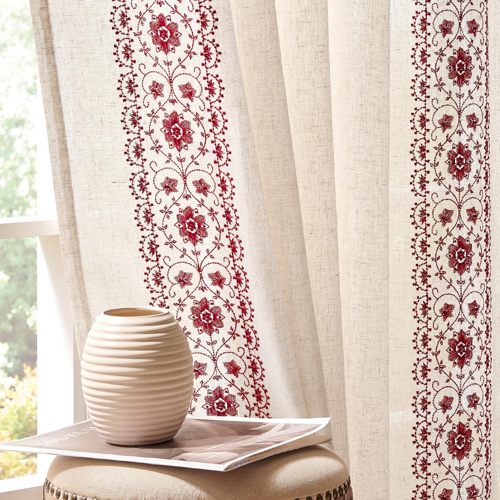 jinchan Weslie Beige Floral Sheer Curtains for Living Room 84 Inch Long Embroidered Voile Farmhouse Linen Curtains for Bedroom Ivory Flower Patterned Cottage Core Window Drapes 2 Panels Ivory on Beige