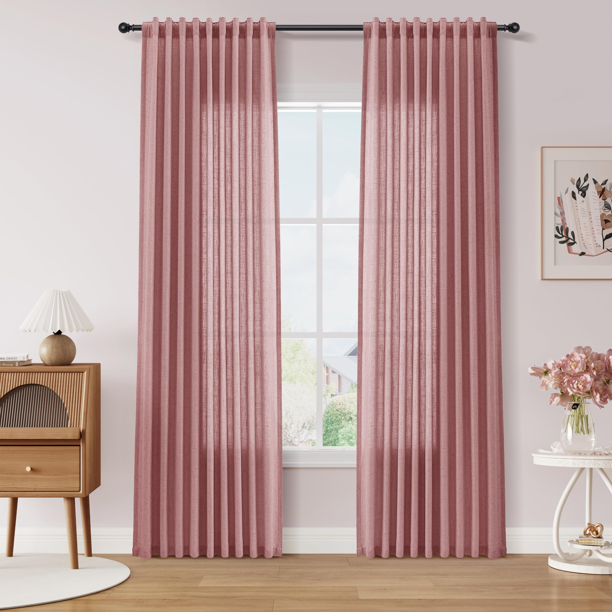 Nanspring Linen Curtains 80 Inches Long for Living Room Semi Sheer Light Filtering Curtain Back Tab Neutral Boho Modern Farmhouse Window Drapes for Bedroom 52x80 2 Panels Cream Ivory Beige Natural