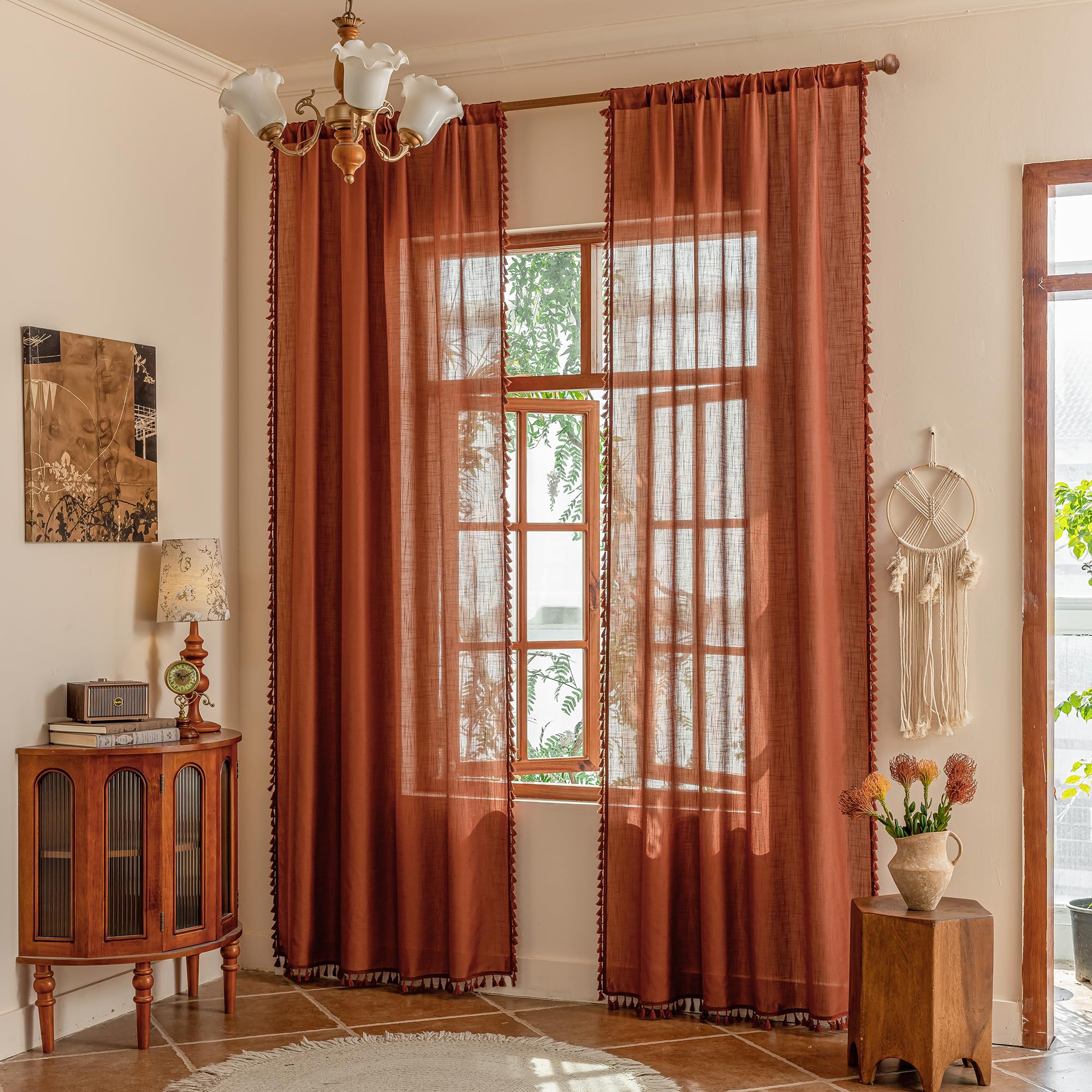 MYSKY HOME Country Curtains for Sliding Glass Door, Back Tab Semi Sheer Curtain Panels Extra Long Floor Length Drapes Linen Texture Soft Touch, 50x108 Inch, Linen, Set of 2