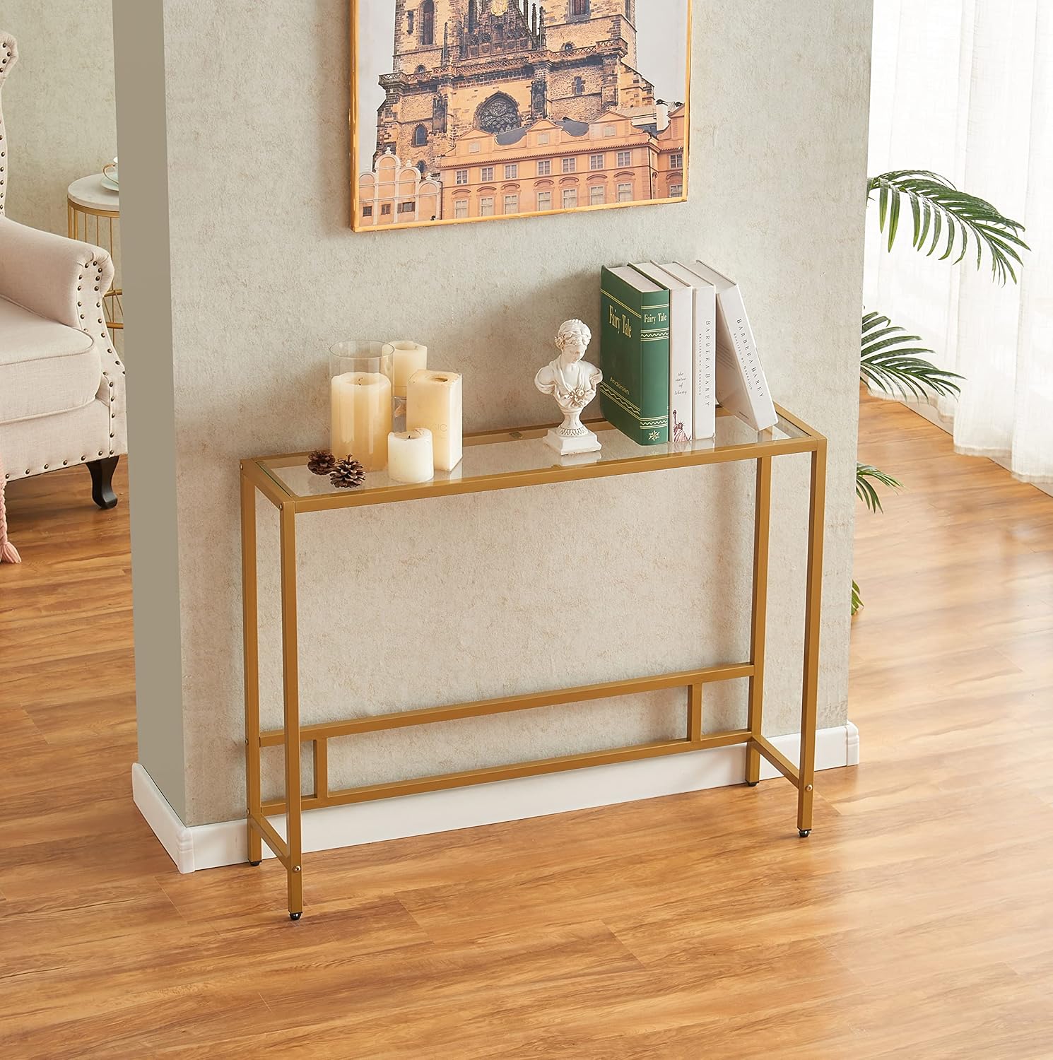 MAJARO Small Modern Console Table for Entryway, Tempered Glass with Metal Frame Sofa Table for Living Room, Hallway, Office (Single-Layer, Gold)