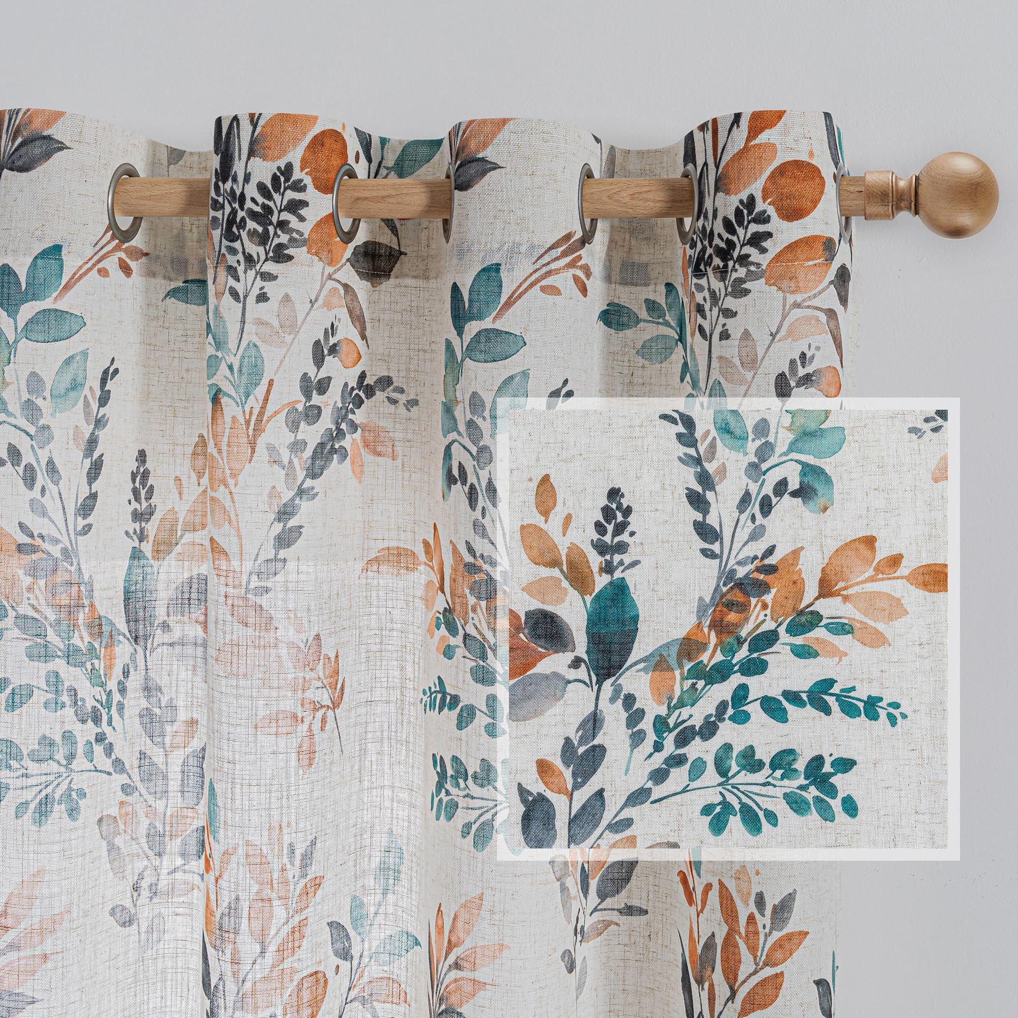 MYSKY HOME Sage Green Floral Linen Spring Curtains 84 inch Long 2 Panels Set Semi Sheer Light Filtering Farmhouse Flower Pattern Grommet Top for Living Room Bedroom, 52" W Each Panel