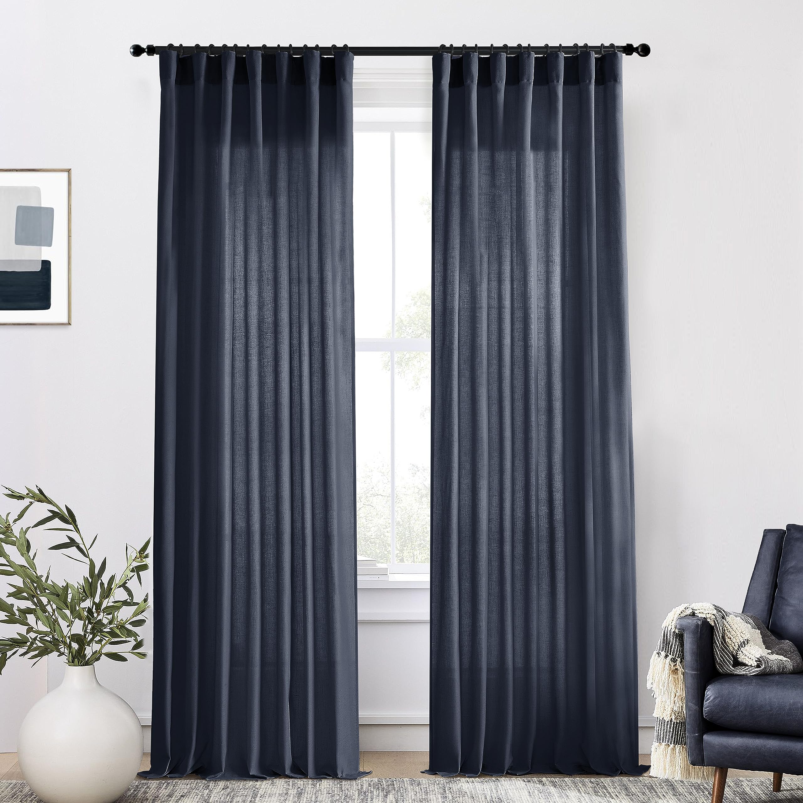 XTMYI 90 Inches Long Sheer Linen Curtains 2 Panels Set,Hook Tape Back Tab Semi Sheer Cotton Blend Fabric Modern Cottage Core Cottagecore Curtain Drapes for Living Room Bedroom,50x90 in Length