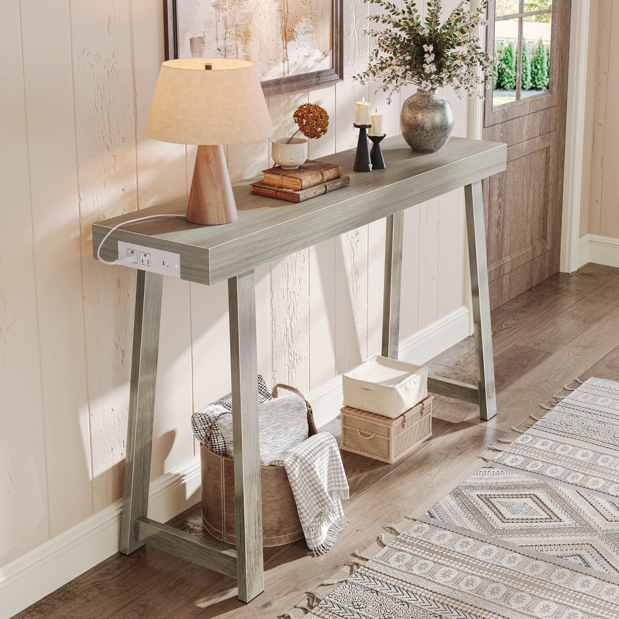 47.2" Black Modern Console Table with Charging Station & Metal Legs