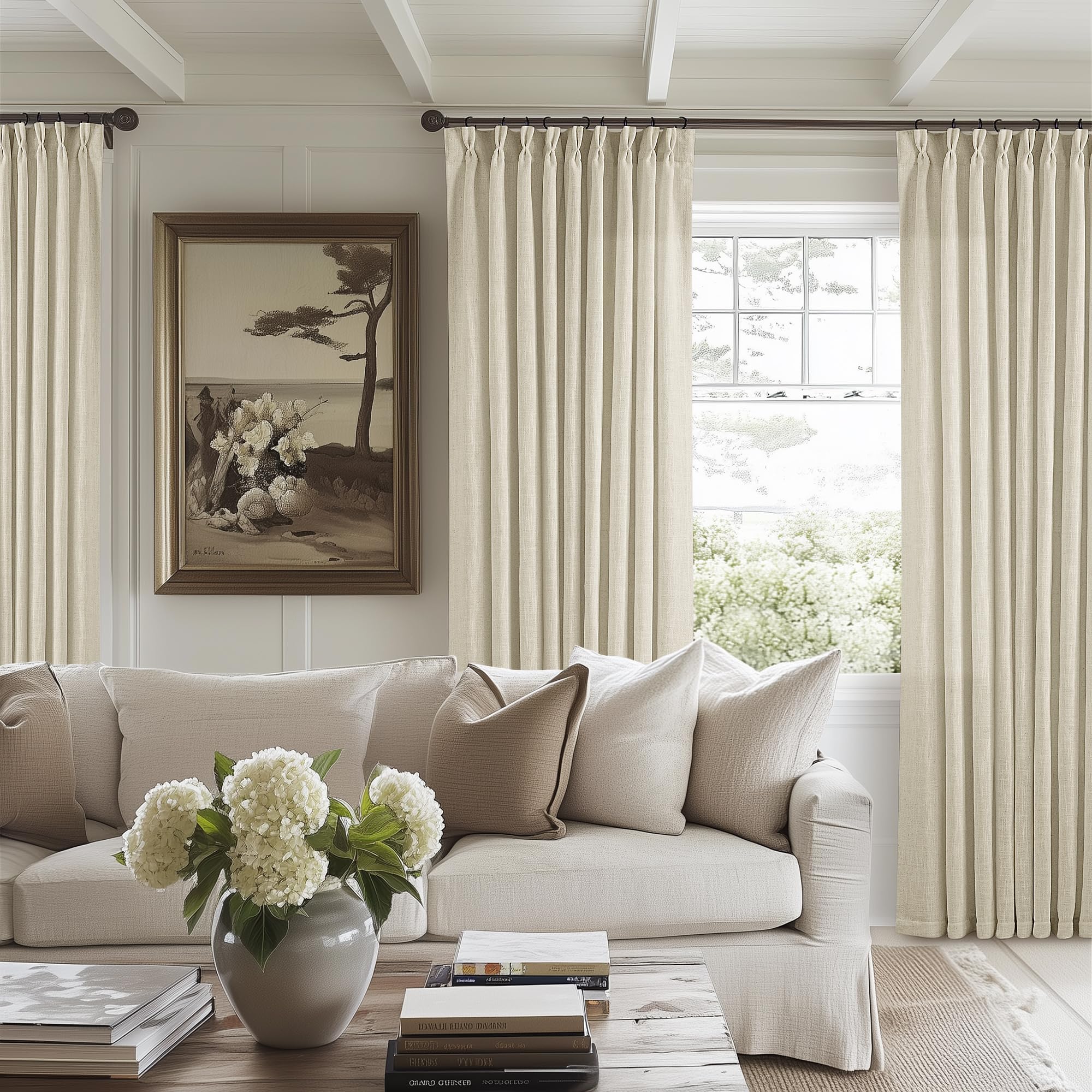 Natural Pinch Pleated Linen Curtains 84 Inch Length 2 Panels for Living Room Bedroom Textured Cream Ivory Birch Semi Sheer Boho Neutral Back Tab Pinch Pleat Hooks Rings Window Curtain 84 Inches Long