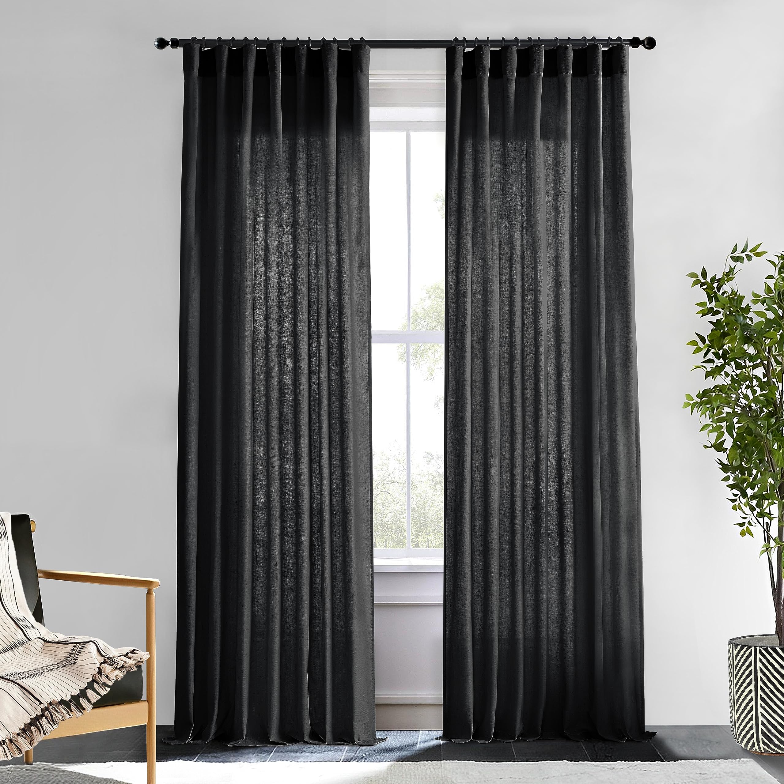 XTMYI 90 Inches Long Sheer Linen Curtains 2 Panels Set,Hook Tape Back Tab Semi Sheer Cotton Blend Fabric Modern Cottage Core Cottagecore Curtain Drapes for Living Room Bedroom,50x90 in Length