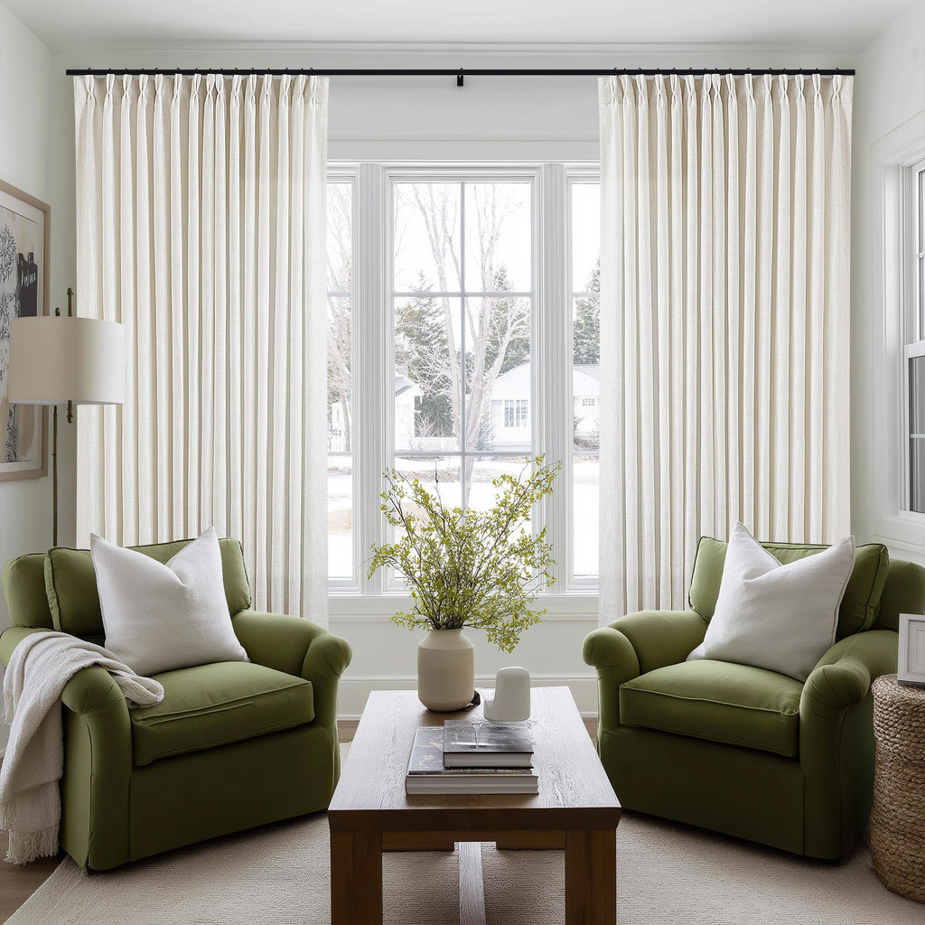 Natural Pinch Pleated Linen Curtains 84 Inch Length 2 Panels for Living Room Bedroom Textured Cream Ivory Birch Semi Sheer Boho Neutral Back Tab Pinch Pleat Hooks Rings Window Curtain 84 Inches Long