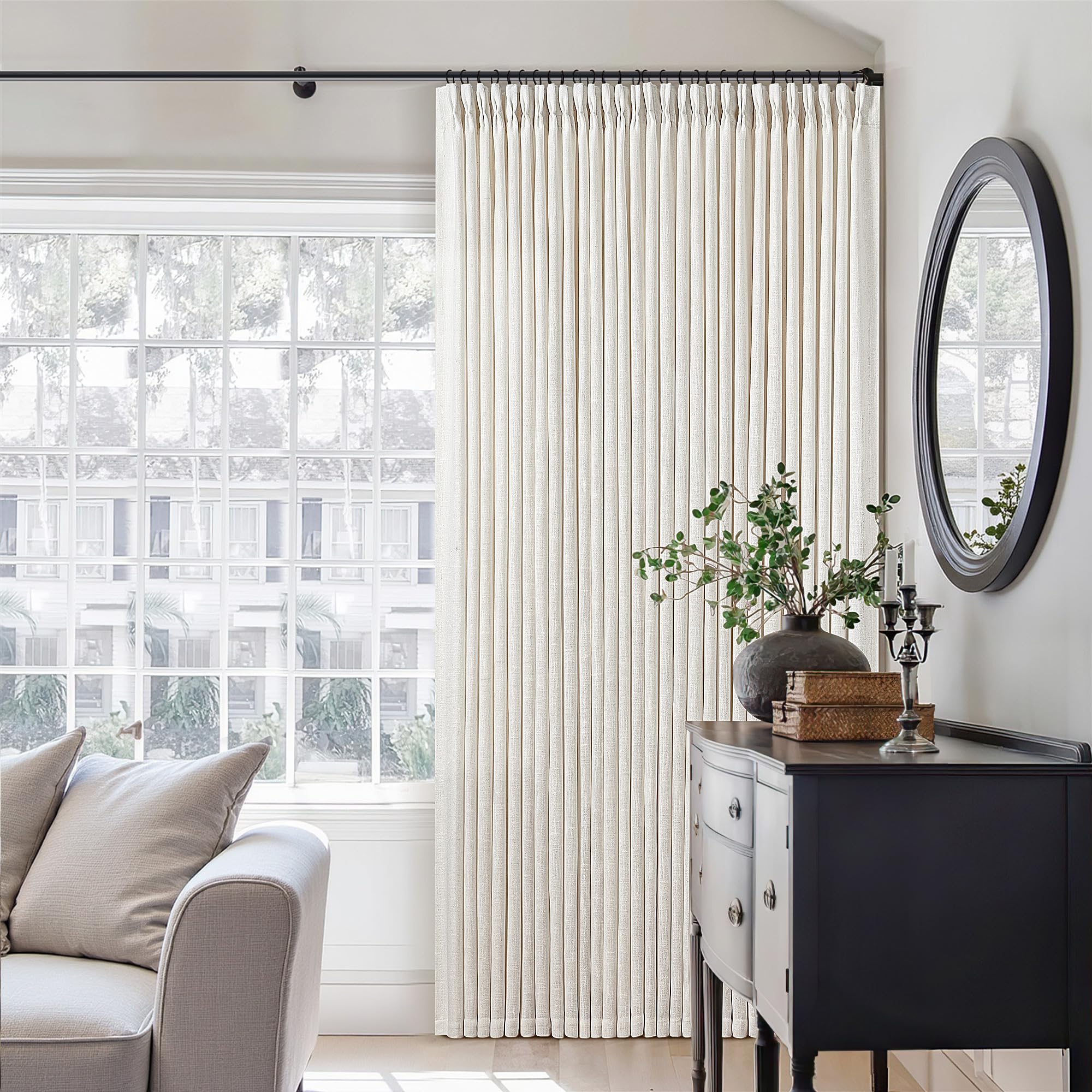 Natural Pinch Pleated Linen Curtains 84 Inch Length 2 Panels for Living Room Bedroom Textured Cream Ivory Birch Semi Sheer Boho Neutral Back Tab Pinch Pleat Hooks Rings Window Curtain 84 Inches Long
