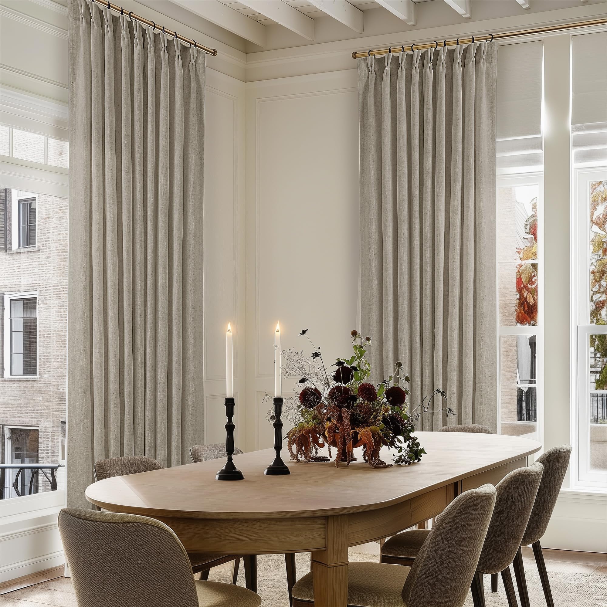 Natural Pinch Pleated Linen Curtains 84 Inch Length 2 Panels for Living Room Bedroom Textured Cream Ivory Birch Semi Sheer Boho Neutral Back Tab Pinch Pleat Hooks Rings Window Curtain 84 Inches Long