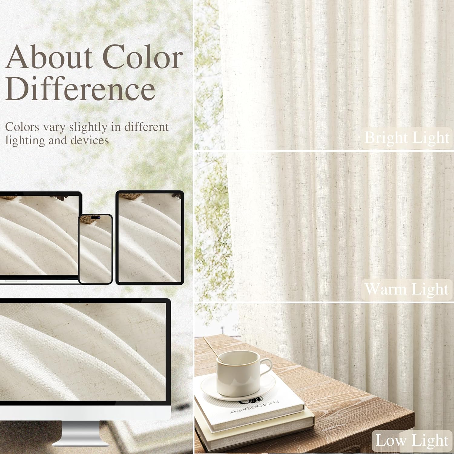 Nanspring Linen Curtains 80 Inches Long for Living Room Semi Sheer Light Filtering Curtain Back Tab Neutral Boho Modern Farmhouse Window Drapes for Bedroom 52x80 2 Panels Cream Ivory Beige Natural