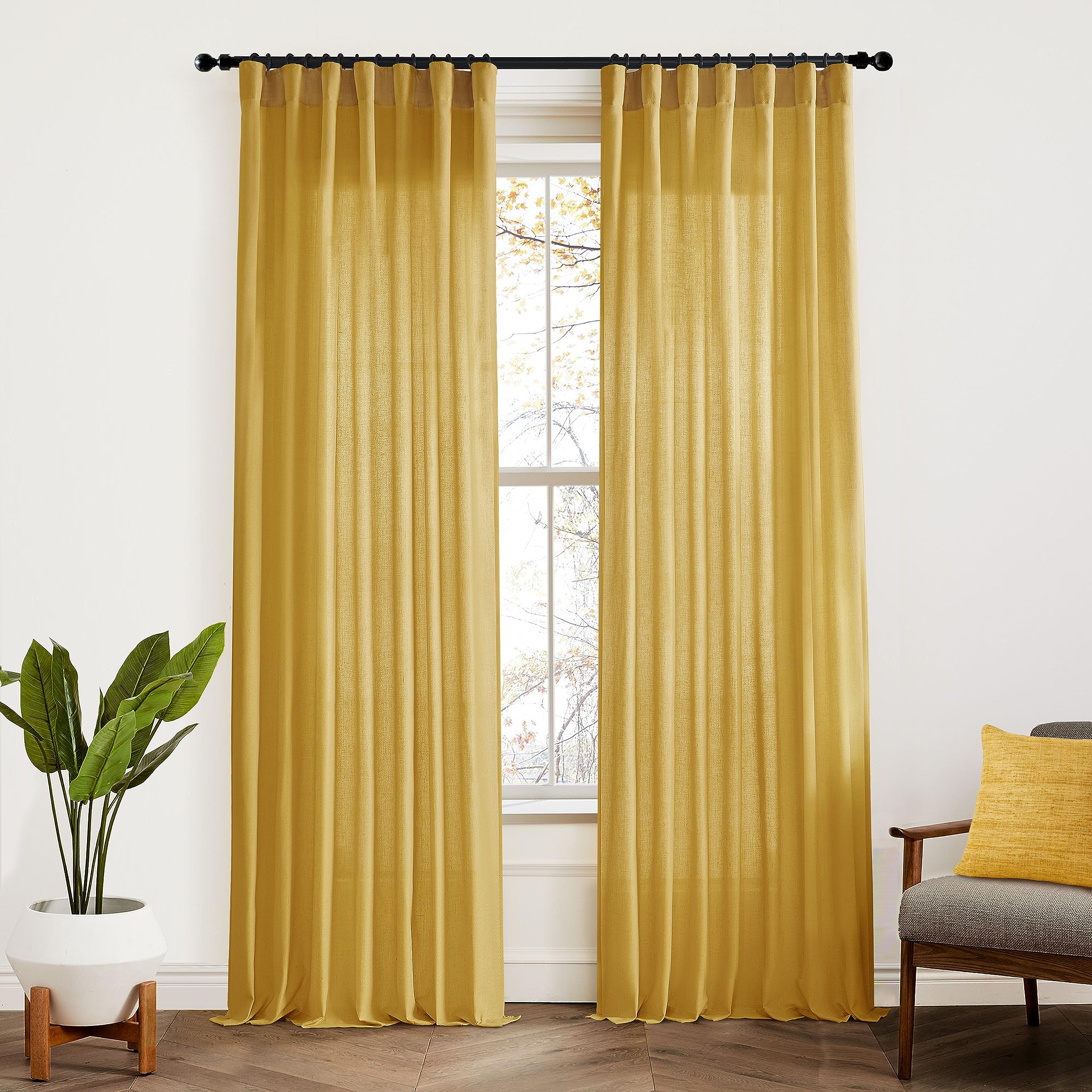 XTMYI 90 Inches Long Sheer Linen Curtains 2 Panels Set,Hook Tape Back Tab Semi Sheer Cotton Blend Fabric Modern Cottage Core Cottagecore Curtain Drapes for Living Room Bedroom,50x90 in Length