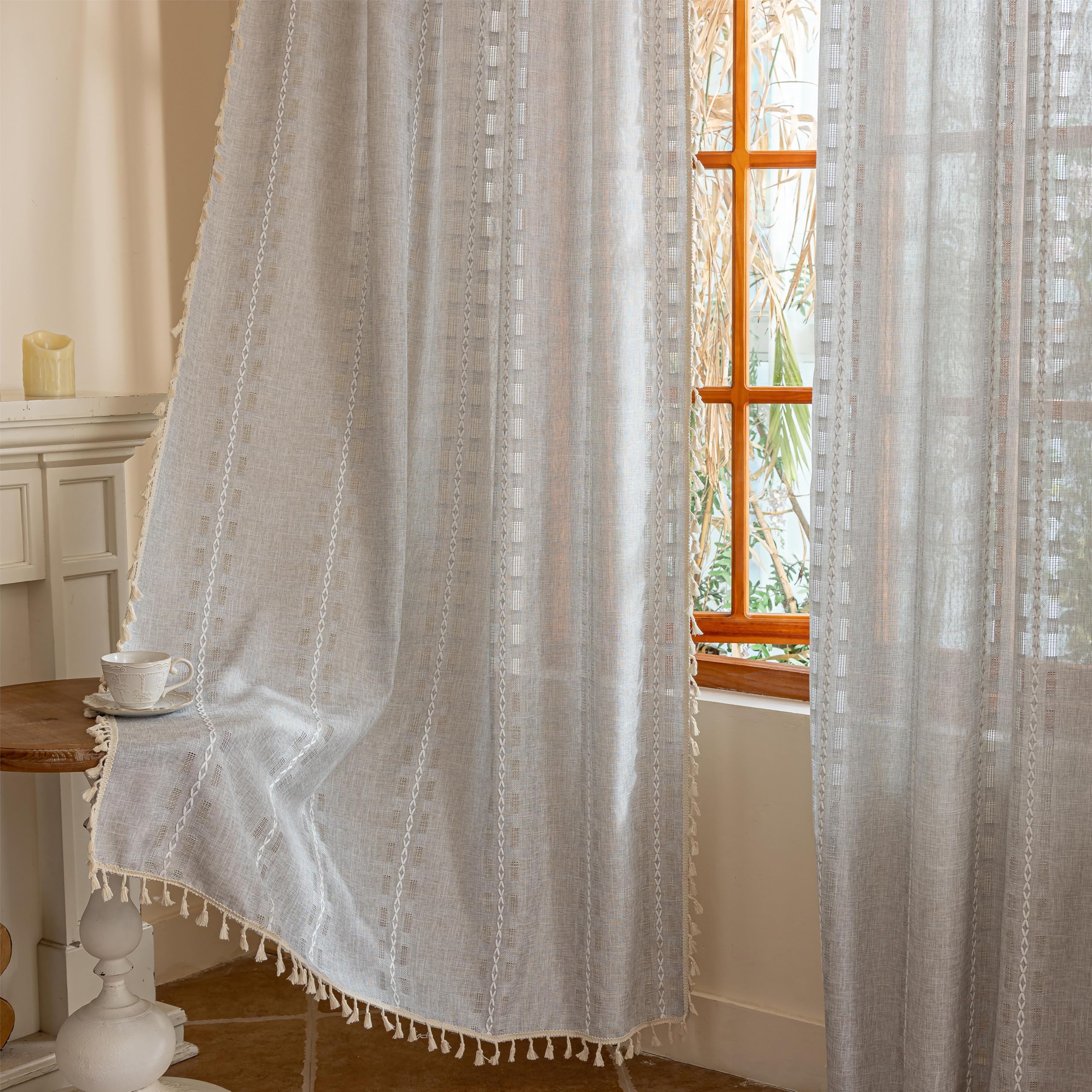 Natural Boho Semi Sheer Curtains 63 inch Length 2 Panel Set for Bedroom & Farmhouse, Bohemian Beige Light Filtering Privacy Drapes Tassels Shabby Chic Embroidery Window Curtains Back Tab & Rod pocket