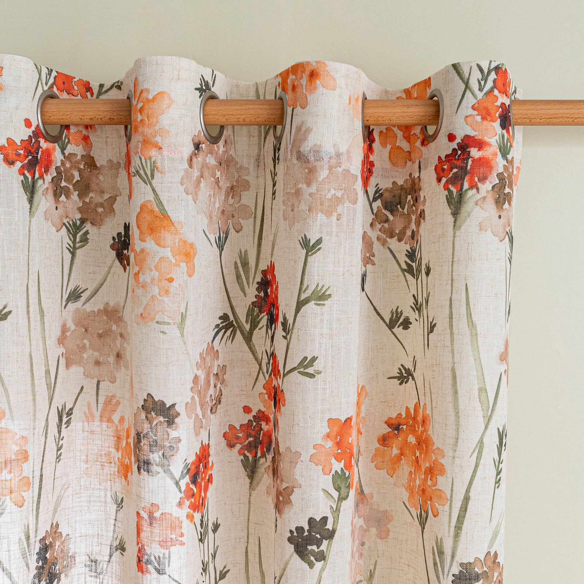 MYSKY HOME Sage Green Floral Linen Spring Curtains 84 inch Long 2 Panels Set Semi Sheer Light Filtering Farmhouse Flower Pattern Grommet Top for Living Room Bedroom, 52" W Each Panel