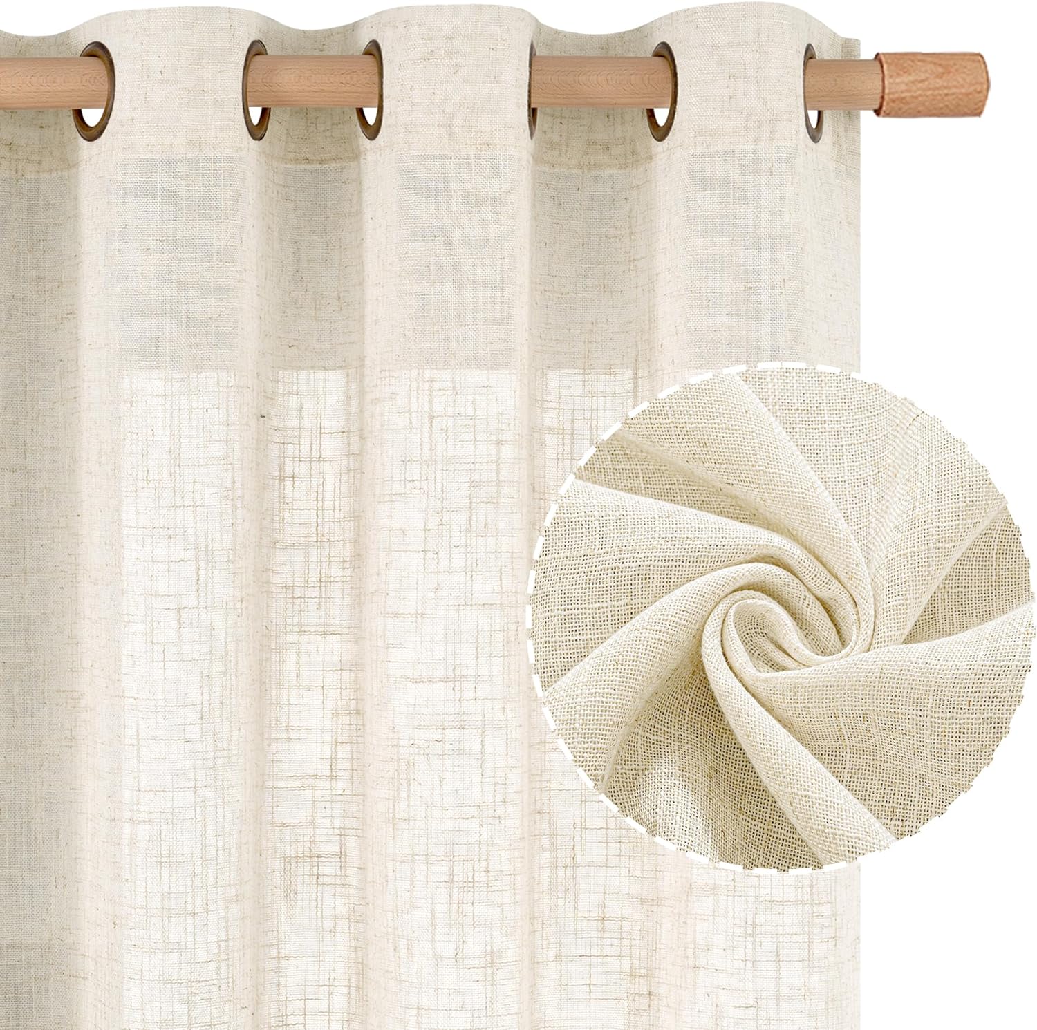 LAMIT Natural Cream Ivory Long Linen Curtains for Living Room, 108 inches Long Bronze Grommet Light Filtering Window Textured Neutral Sheer Drapes for Bedroom Farmhouse, 2 Panels, 52 x 108 Inch