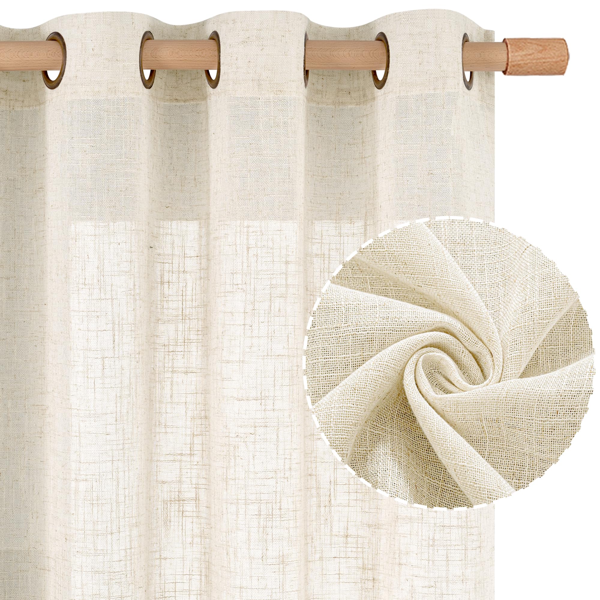 LAMIT Natural Cream Ivory Long Linen Curtains for Living Room, 108 inches Long Bronze Grommet Light Filtering Window Textured Neutral Sheer Drapes for Bedroom Farmhouse, 2 Panels, 52 x 108 Inch