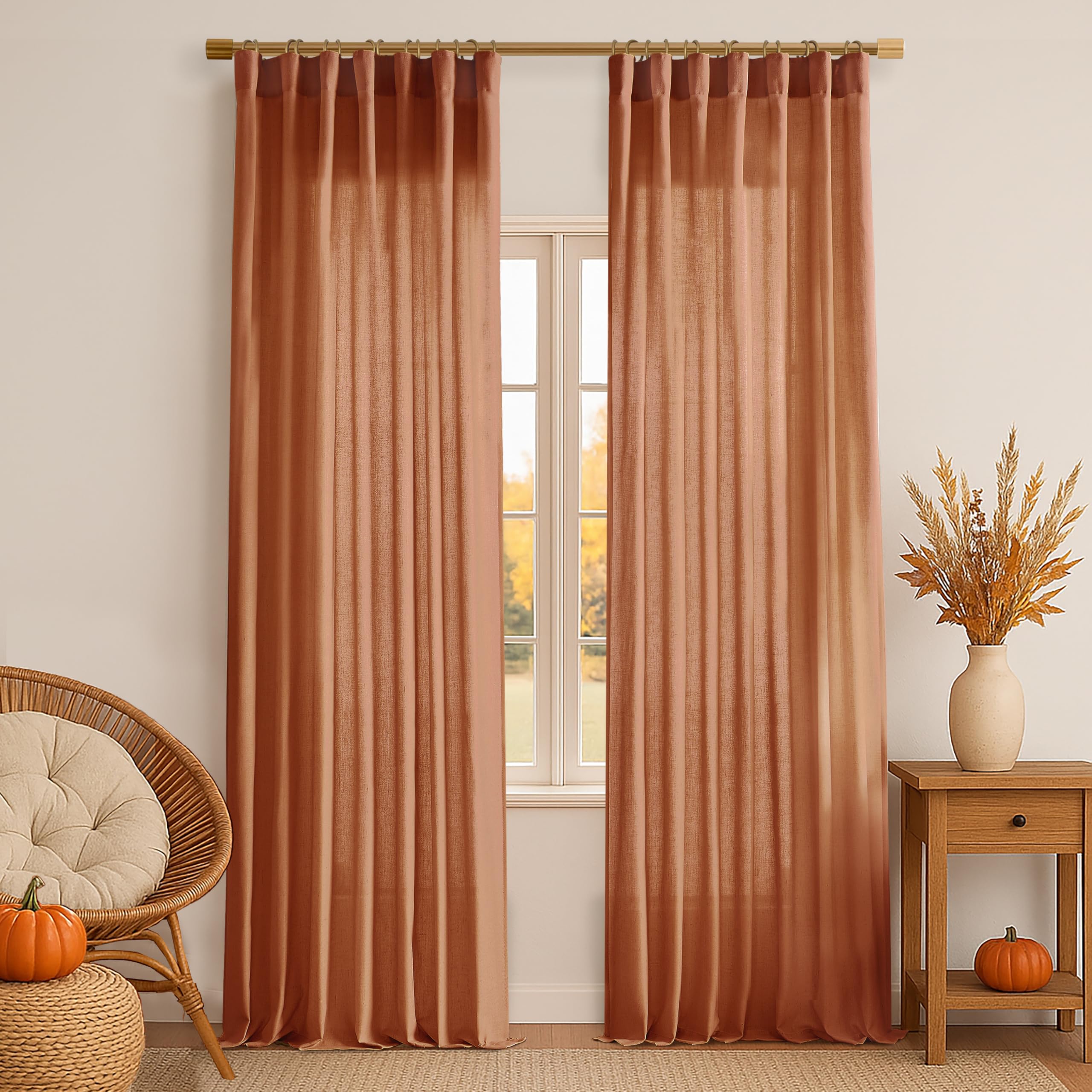 XTMYI 90 Inches Long Sheer Linen Curtains 2 Panels Set,Hook Tape Back Tab Semi Sheer Cotton Blend Fabric Modern Cottage Core Cottagecore Curtain Drapes for Living Room Bedroom,50x90 in Length