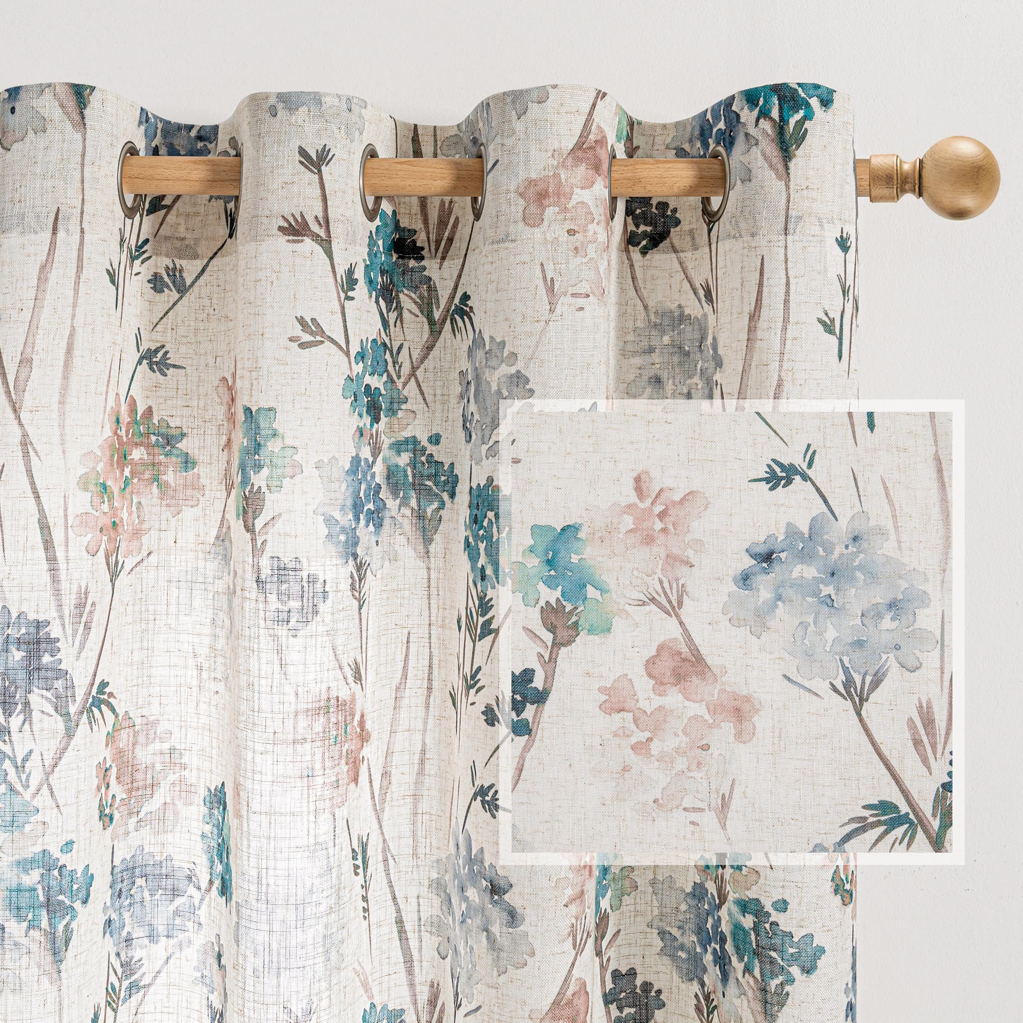 MYSKY HOME Sage Green Floral Linen Spring Curtains 84 inch Long 2 Panels Set Semi Sheer Light Filtering Farmhouse Flower Pattern Grommet Top for Living Room Bedroom, 52" W Each Panel