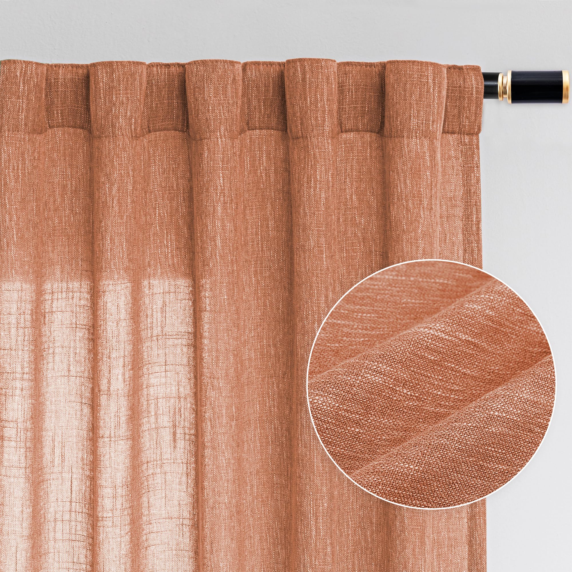 MYSKY HOME Country Curtains for Sliding Glass Door, Back Tab Semi Sheer Curtain Panels Extra Long Floor Length Drapes Linen Texture Soft Touch, 50x108 Inch, Linen, Set of 2