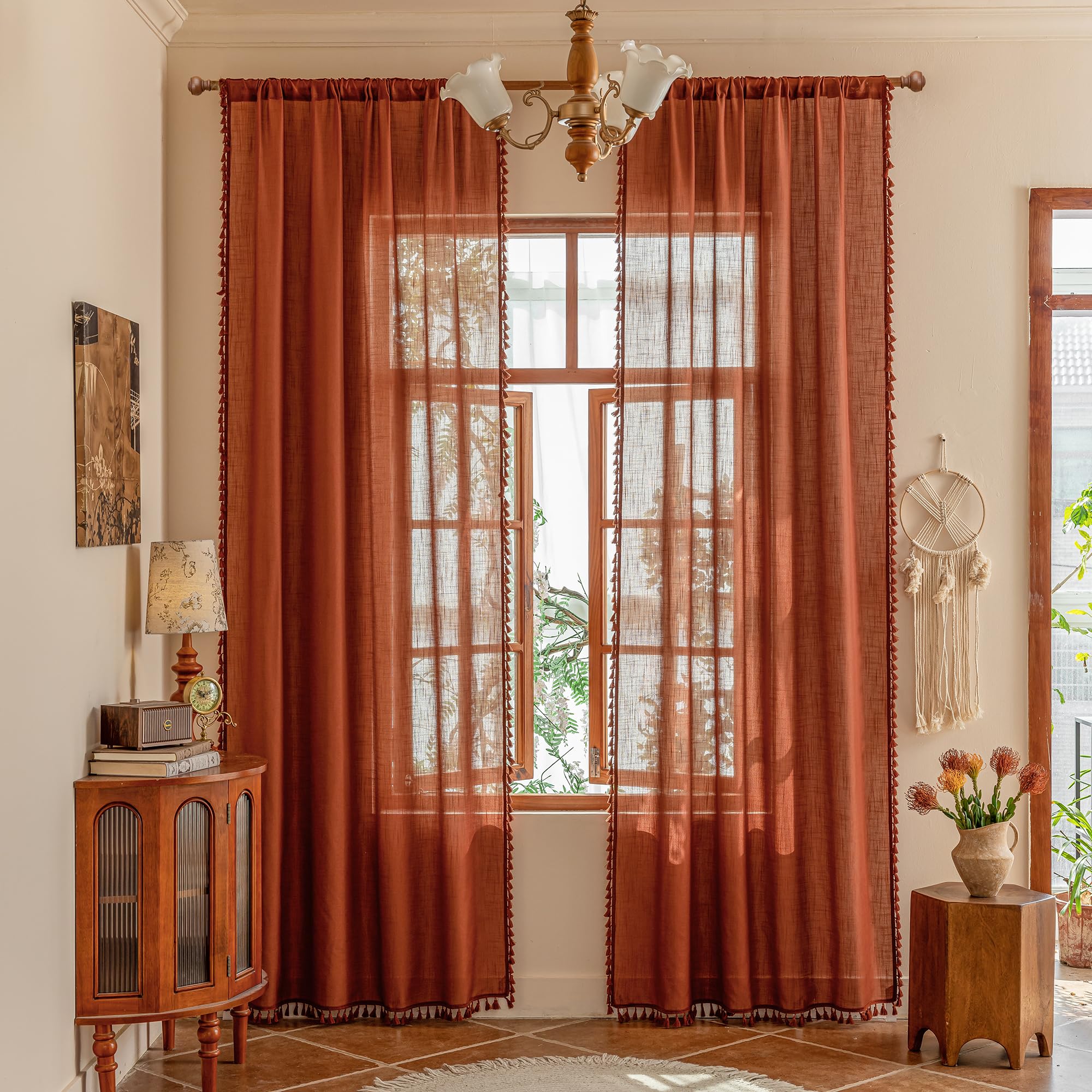 MYSKY HOME Country Curtains for Sliding Glass Door, Back Tab Semi Sheer Curtain Panels Extra Long Floor Length Drapes Linen Texture Soft Touch, 50x108 Inch, Linen, Set of 2