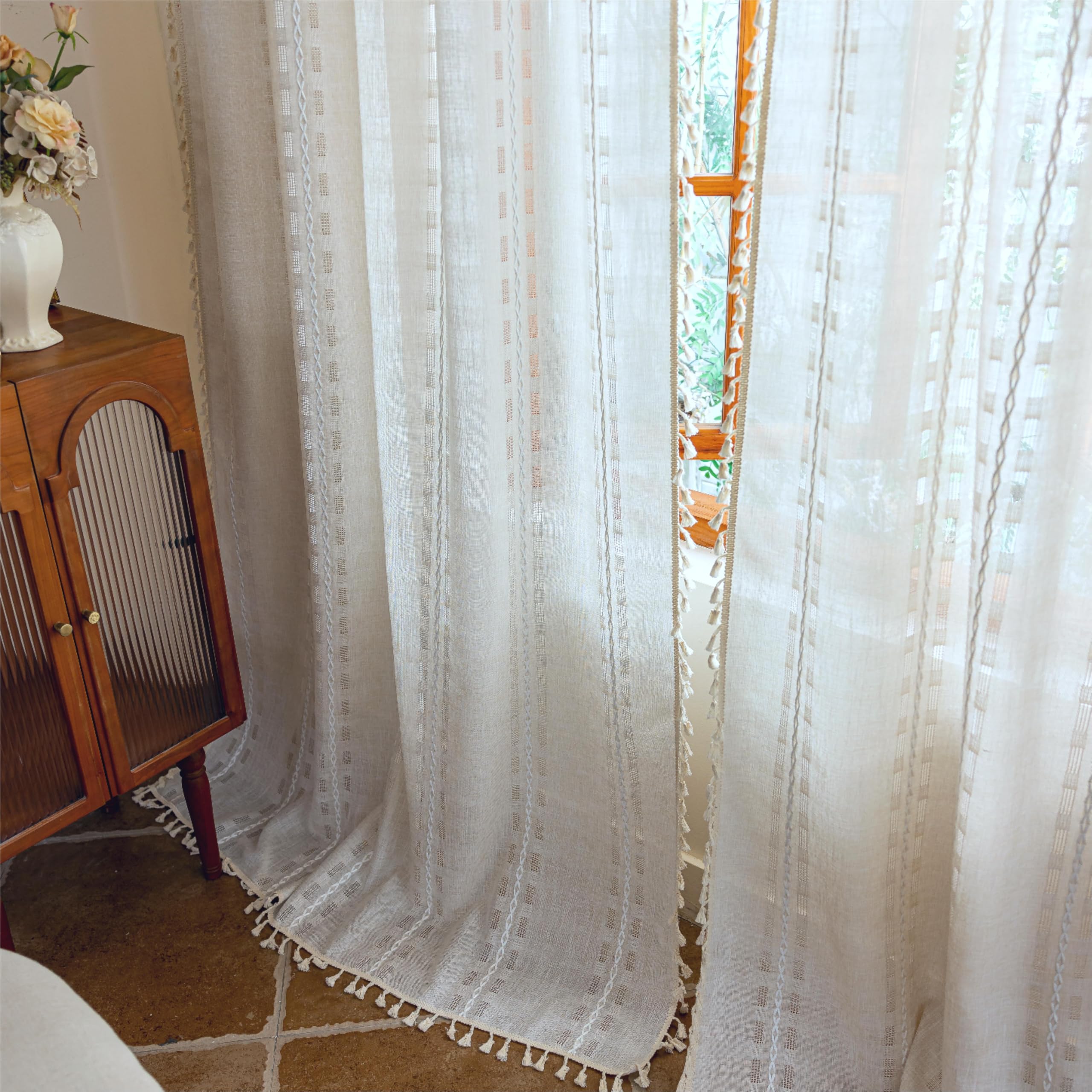 Natural Boho Semi Sheer Curtains 63 inch Length 2 Panel Set for Bedroom & Farmhouse, Bohemian Beige Light Filtering Privacy Drapes Tassels Shabby Chic Embroidery Window Curtains Back Tab & Rod pocket