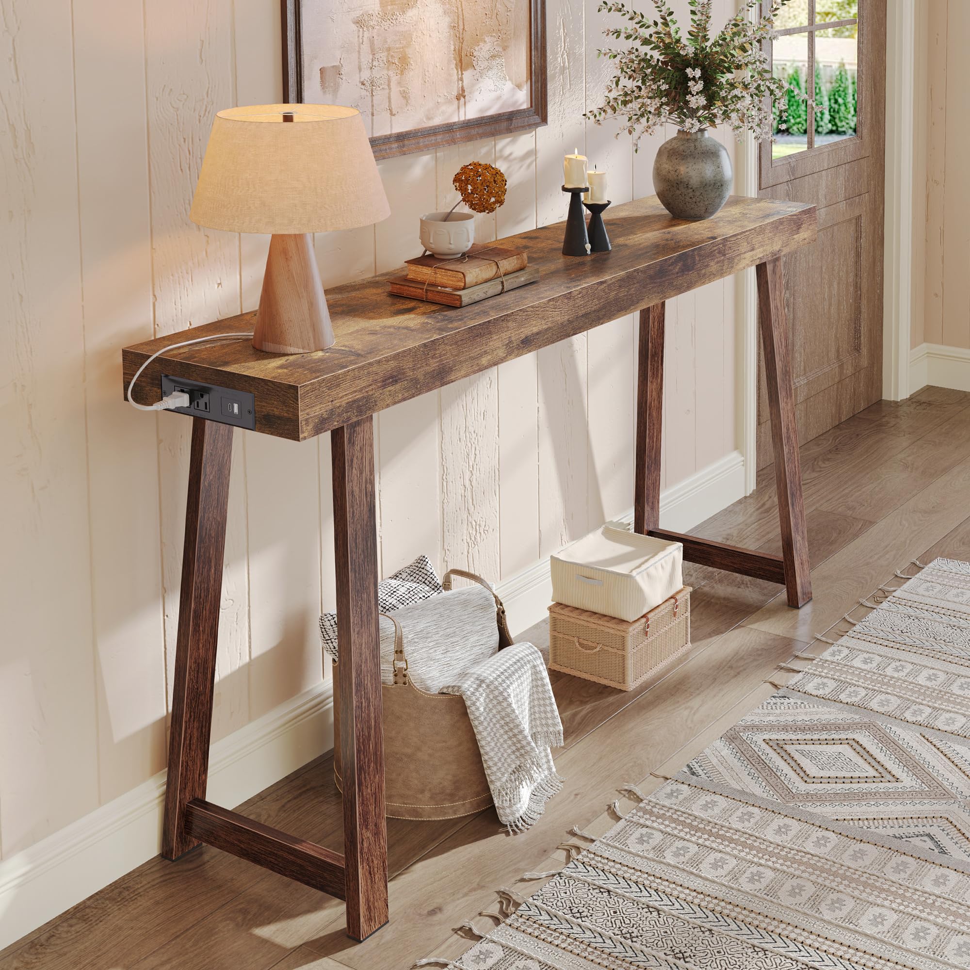 47.2" Black Modern Console Table with Charging Station & Metal Legs