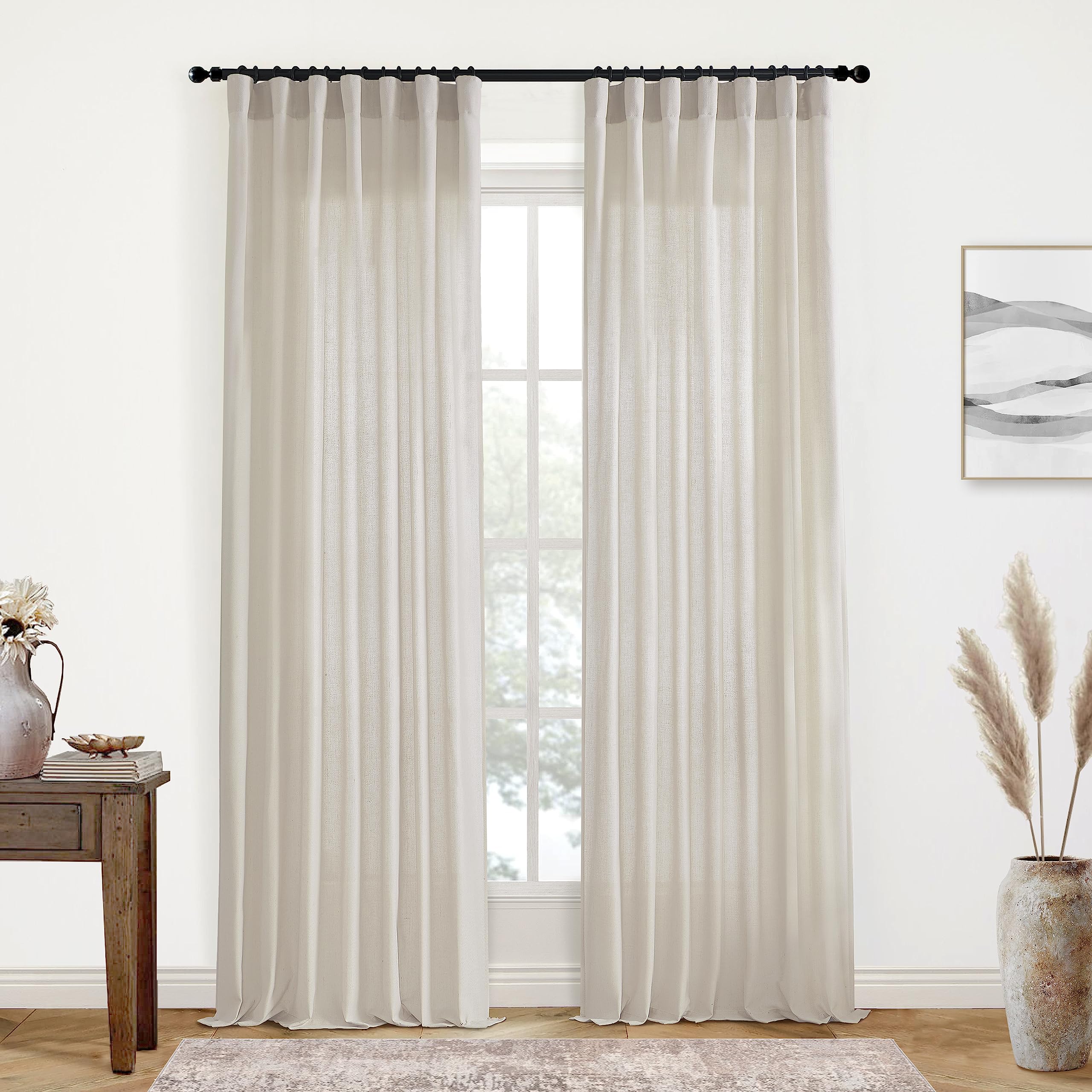 XTMYI 90 Inches Long Sheer Linen Curtains 2 Panels Set,Hook Tape Back Tab Semi Sheer Cotton Blend Fabric Modern Cottage Core Cottagecore Curtain Drapes for Living Room Bedroom,50x90 in Length
