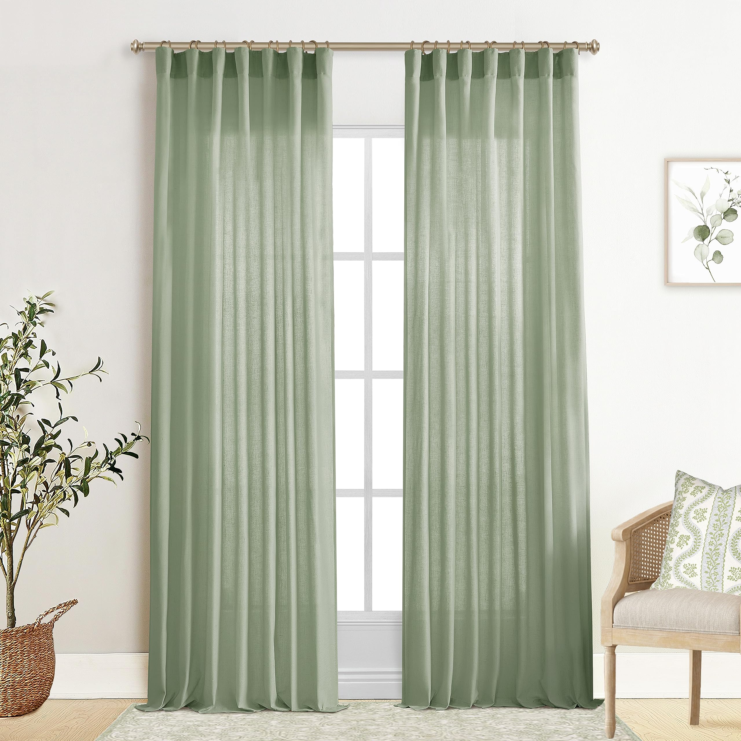 XTMYI 90 Inches Long Sheer Linen Curtains 2 Panels Set,Hook Tape Back Tab Semi Sheer Cotton Blend Fabric Modern Cottage Core Cottagecore Curtain Drapes for Living Room Bedroom,50x90 in Length