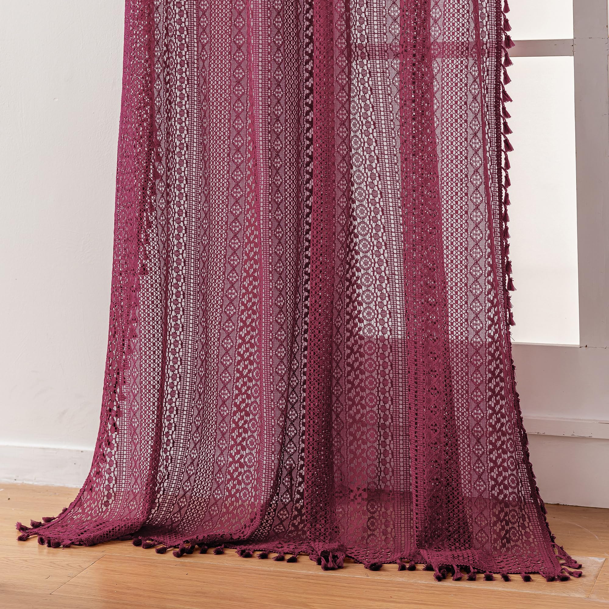 WAZZIO Boho Lace Curtains 108 Inch 2 Panel,Light Filtering Privacy Tassel & Geometry Crochet Semi Sheer Curtain Drapes for Bedroom Living Dining Room,Rod Pocket & Tassel,Vintage Farmhouse Decor,Beige