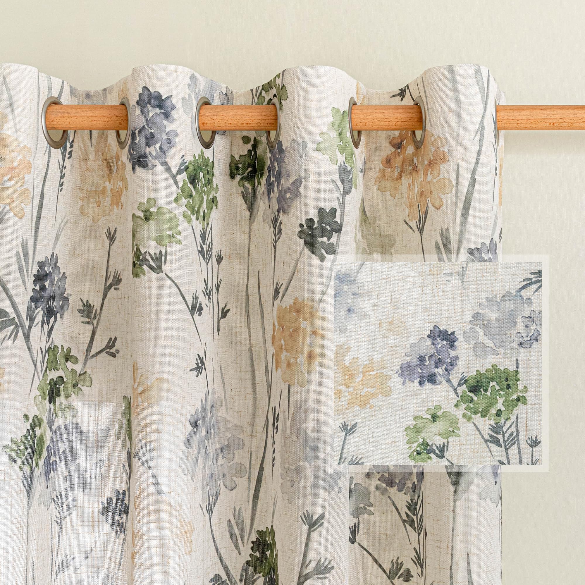 MYSKY HOME Sage Green Floral Linen Spring Curtains 84 inch Long 2 Panels Set Semi Sheer Light Filtering Farmhouse Flower Pattern Grommet Top for Living Room Bedroom, 52" W Each Panel