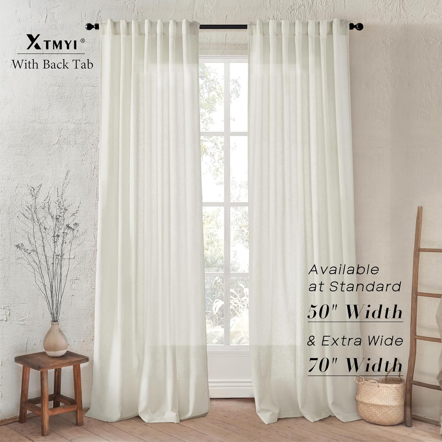 XTMYI 90 Inches Long Sheer Linen Curtains 2 Panels Set,Hook Tape Back Tab Semi Sheer Cotton Blend Fabric Modern Cottage Core Cottagecore Curtain Drapes for Living Room Bedroom,50x90 in Length