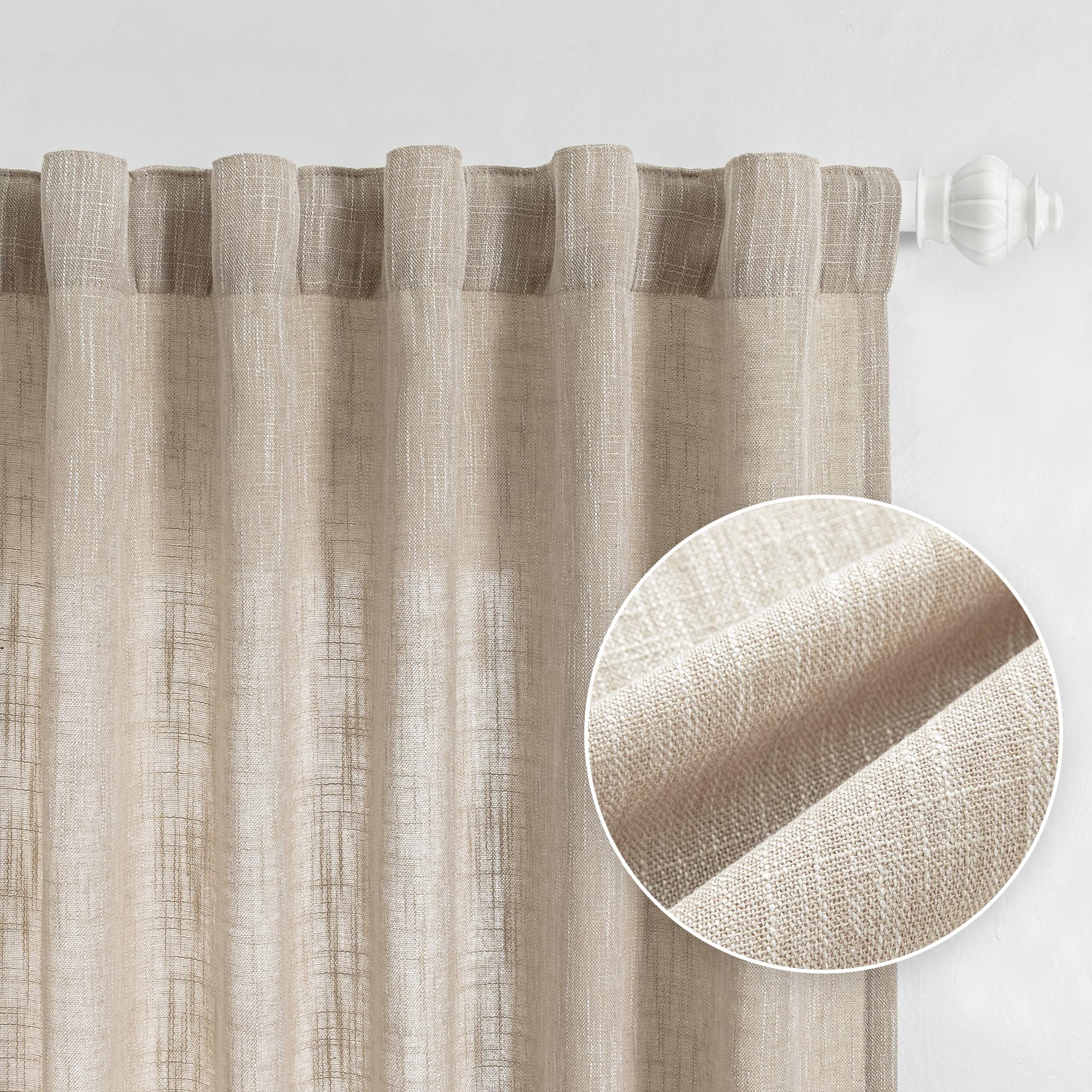 MYSKY HOME Country Curtains for Sliding Glass Door, Back Tab Semi Sheer Curtain Panels Extra Long Floor Length Drapes Linen Texture Soft Touch, 50x108 Inch, Linen, Set of 2