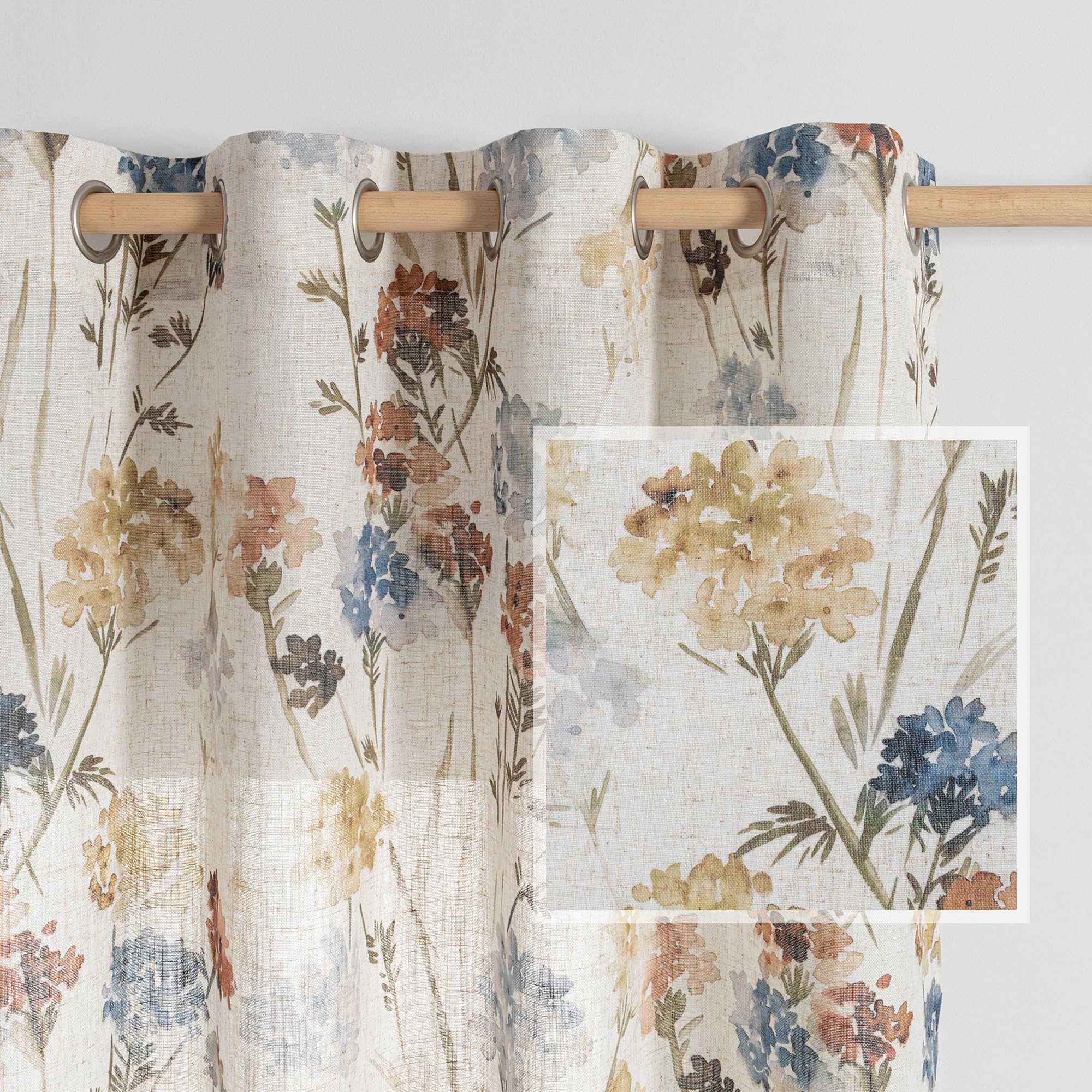 MYSKY HOME Sage Green Floral Linen Spring Curtains 84 inch Long 2 Panels Set Semi Sheer Light Filtering Farmhouse Flower Pattern Grommet Top for Living Room Bedroom, 52" W Each Panel