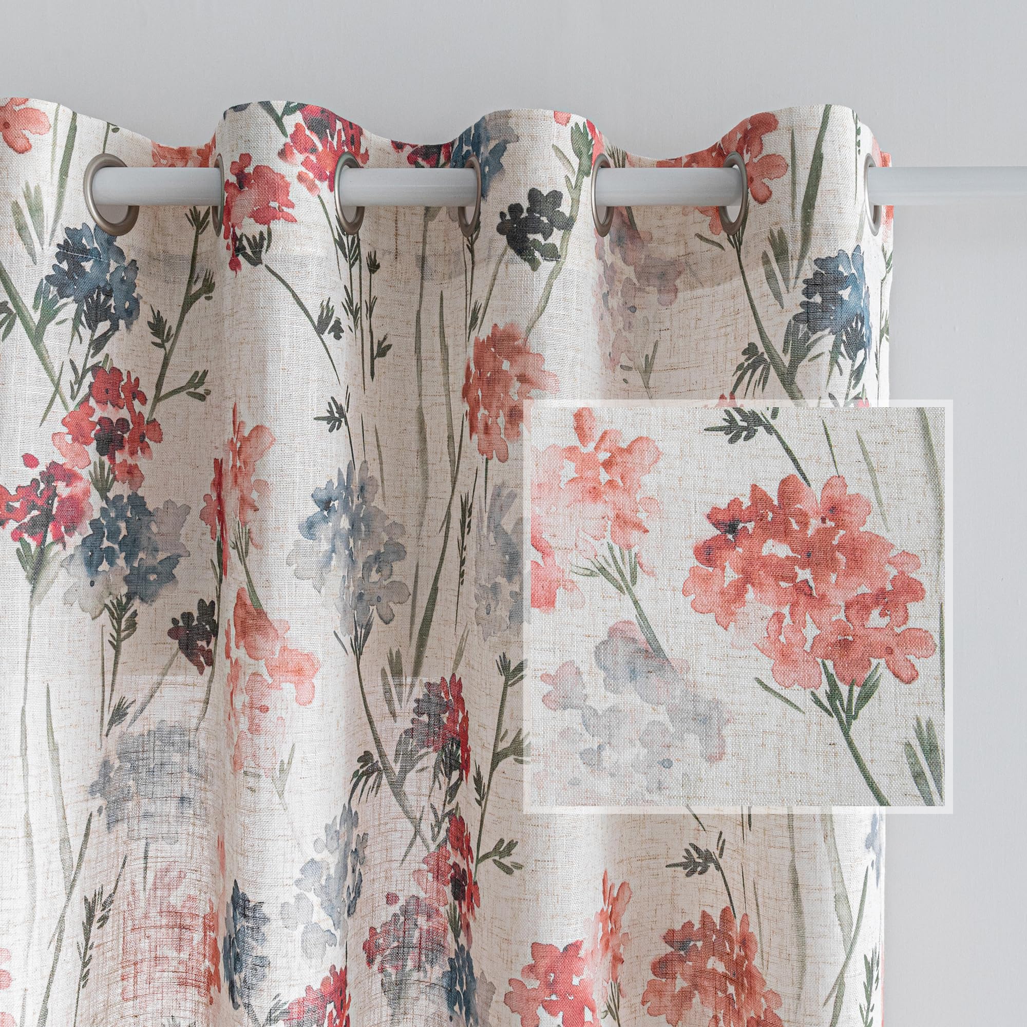 MYSKY HOME Sage Green Floral Linen Spring Curtains 84 inch Long 2 Panels Set Semi Sheer Light Filtering Farmhouse Flower Pattern Grommet Top for Living Room Bedroom, 52" W Each Panel