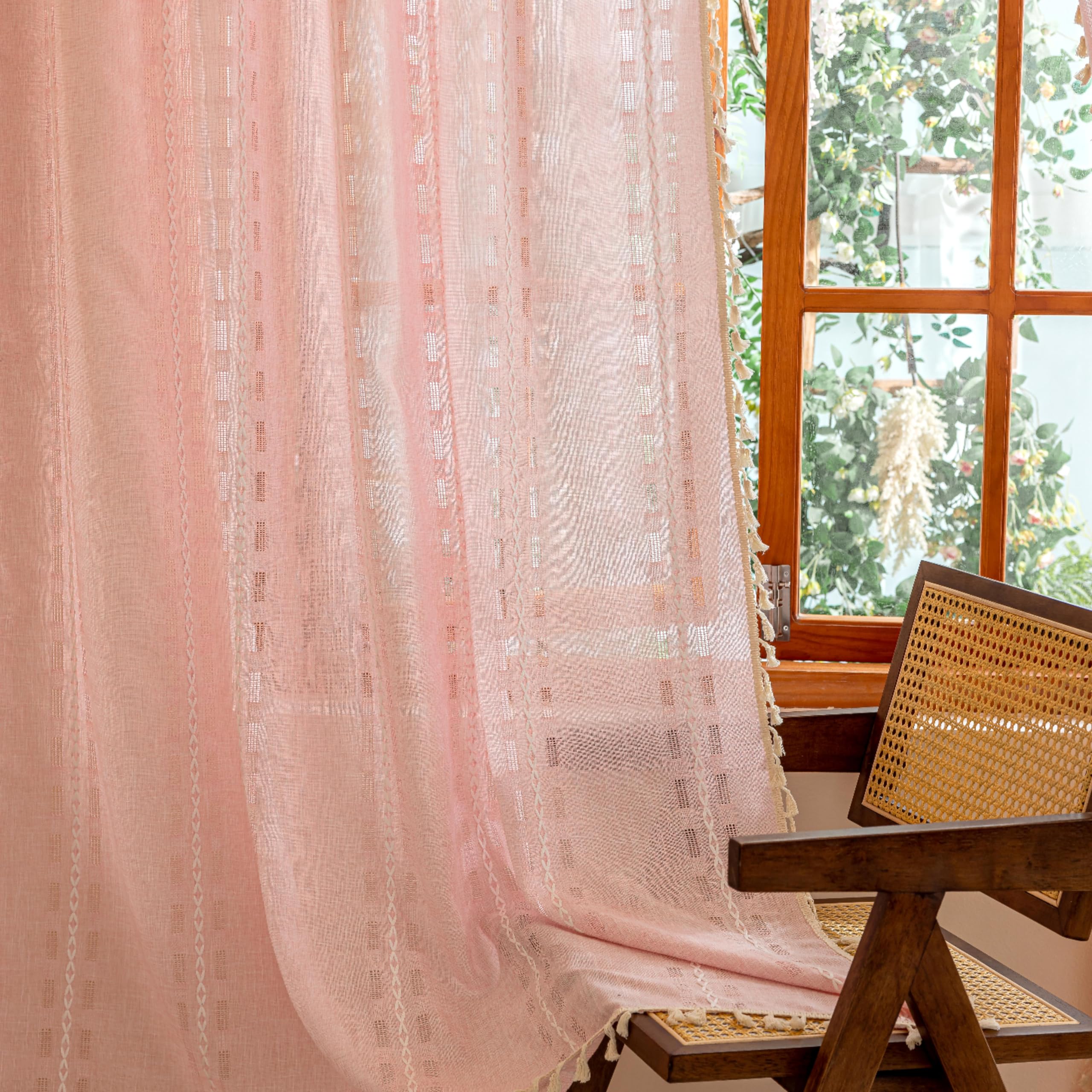 Natural Boho Semi Sheer Curtains 63 inch Length 2 Panel Set for Bedroom & Farmhouse, Bohemian Beige Light Filtering Privacy Drapes Tassels Shabby Chic Embroidery Window Curtains Back Tab & Rod pocket