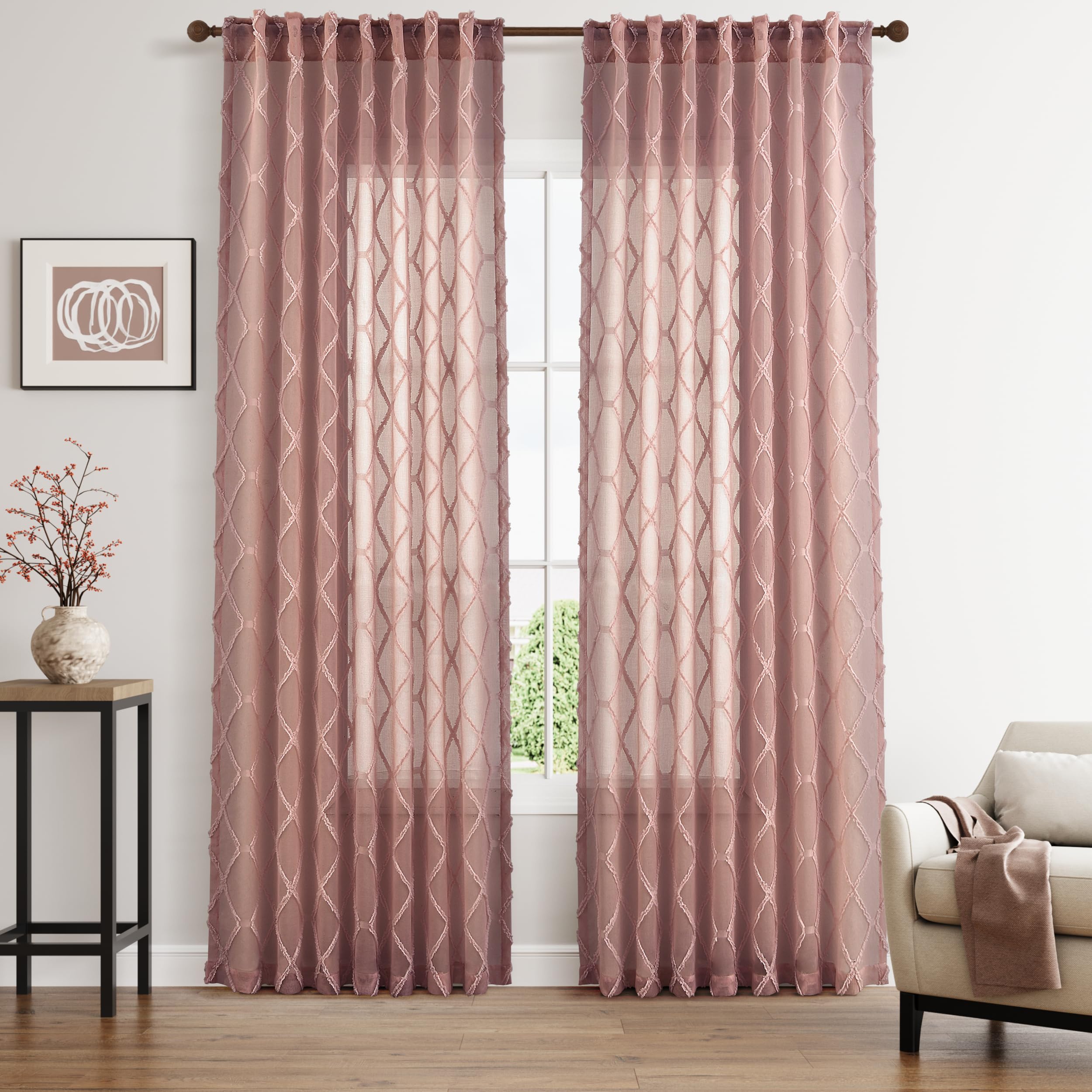 108" Beige Linen Sheer Curtains, 2 Panels, Tuft Pattern for Living Room & Bedroom