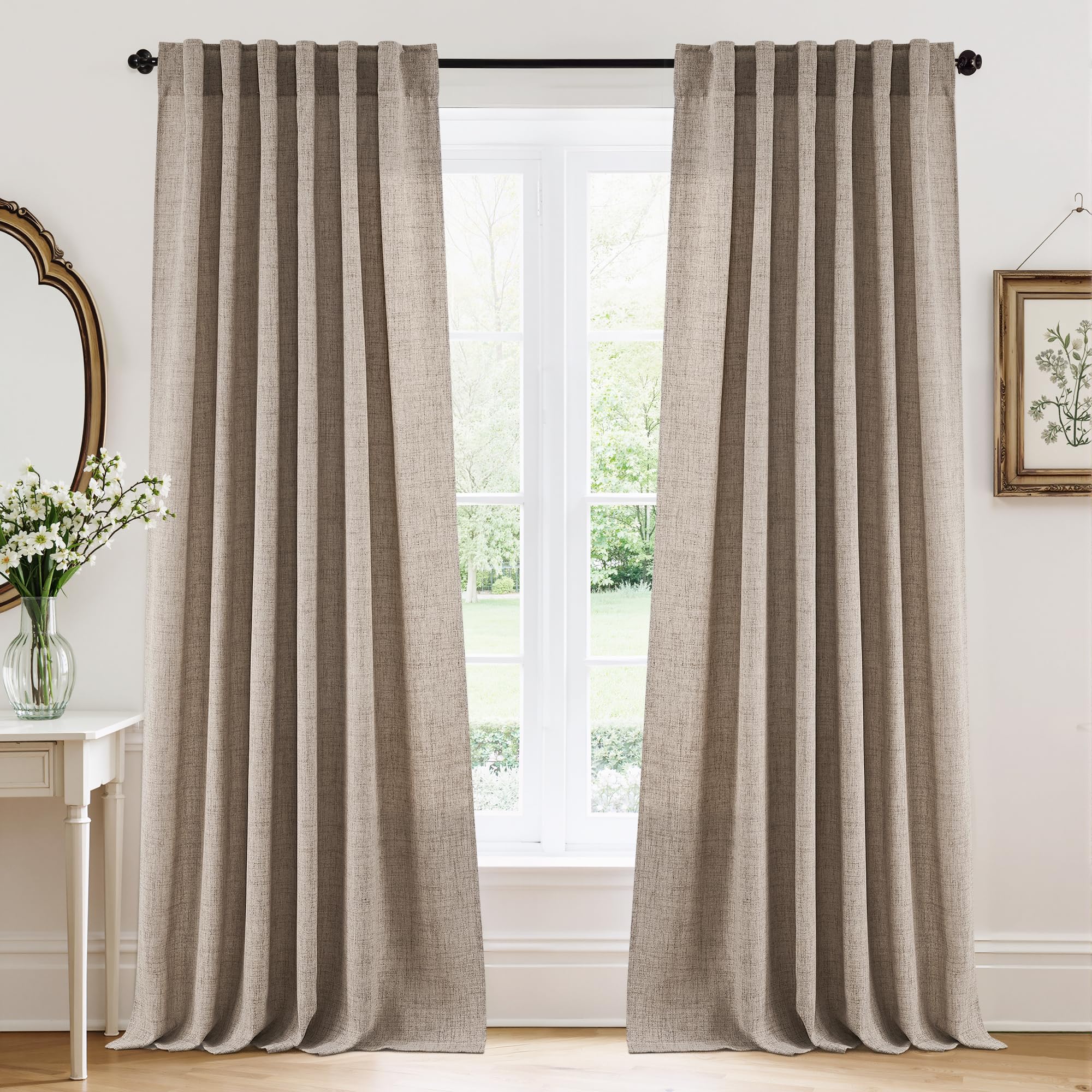 RYB HOME Semi Sheer Curtains 102 inches Long, Back Tab Light Filtration Half Privacy Window Curtains & Drapes for Bedroom Living Room, Linen, W 52 x L 102 inches, 2 Panels Set