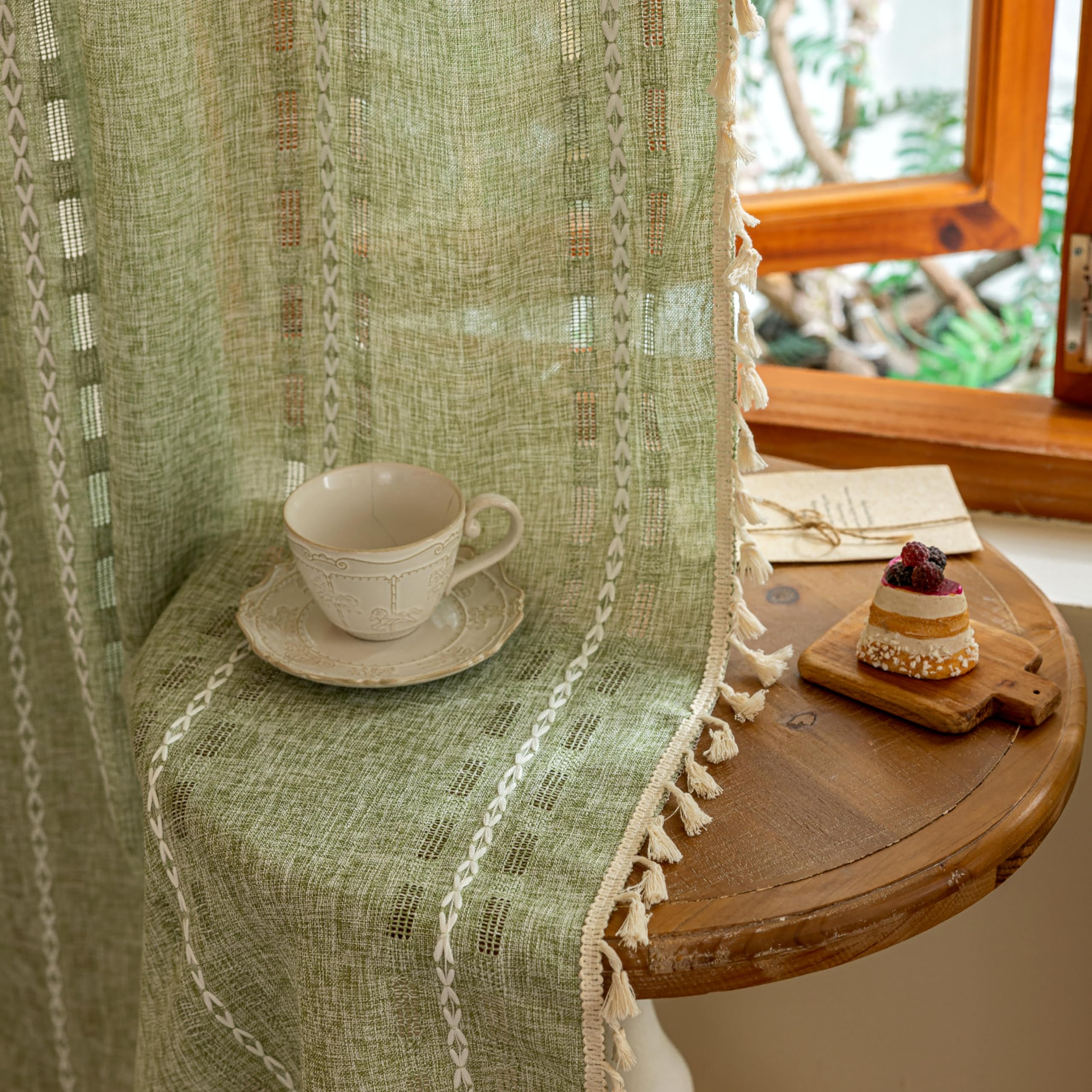 Natural Boho Semi Sheer Curtains 63 inch Length 2 Panel Set for Bedroom & Farmhouse, Bohemian Beige Light Filtering Privacy Drapes Tassels Shabby Chic Embroidery Window Curtains Back Tab & Rod pocket