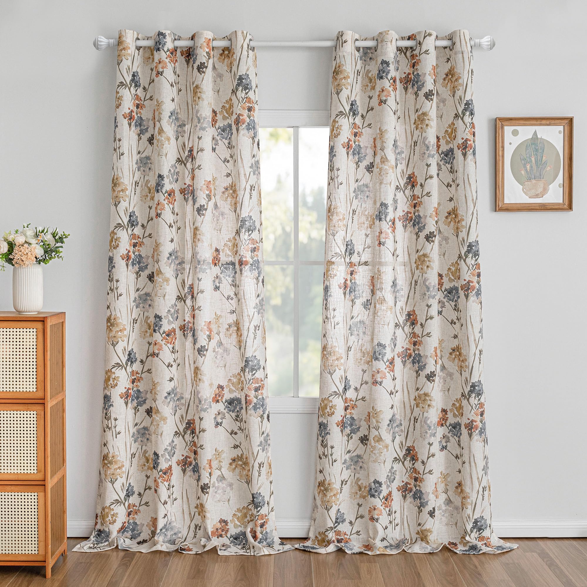 MYSKY HOME Sage Green Floral Linen Spring Curtains 84 inch Long 2 Panels Set Semi Sheer Light Filtering Farmhouse Flower Pattern Grommet Top for Living Room Bedroom, 52" W Each Panel