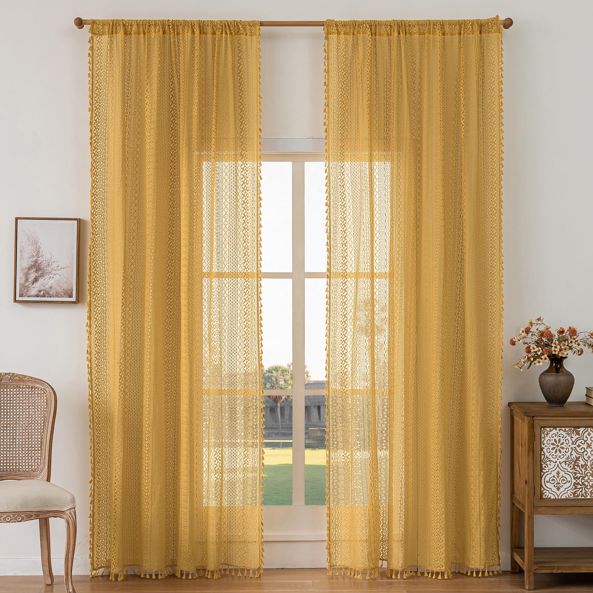 WAZZIO Boho Lace Curtains 108 Inch 2 Panel,Light Filtering Privacy Tassel & Geometry Crochet Semi Sheer Curtain Drapes for Bedroom Living Dining Room,Rod Pocket & Tassel,Vintage Farmhouse Decor,Beige