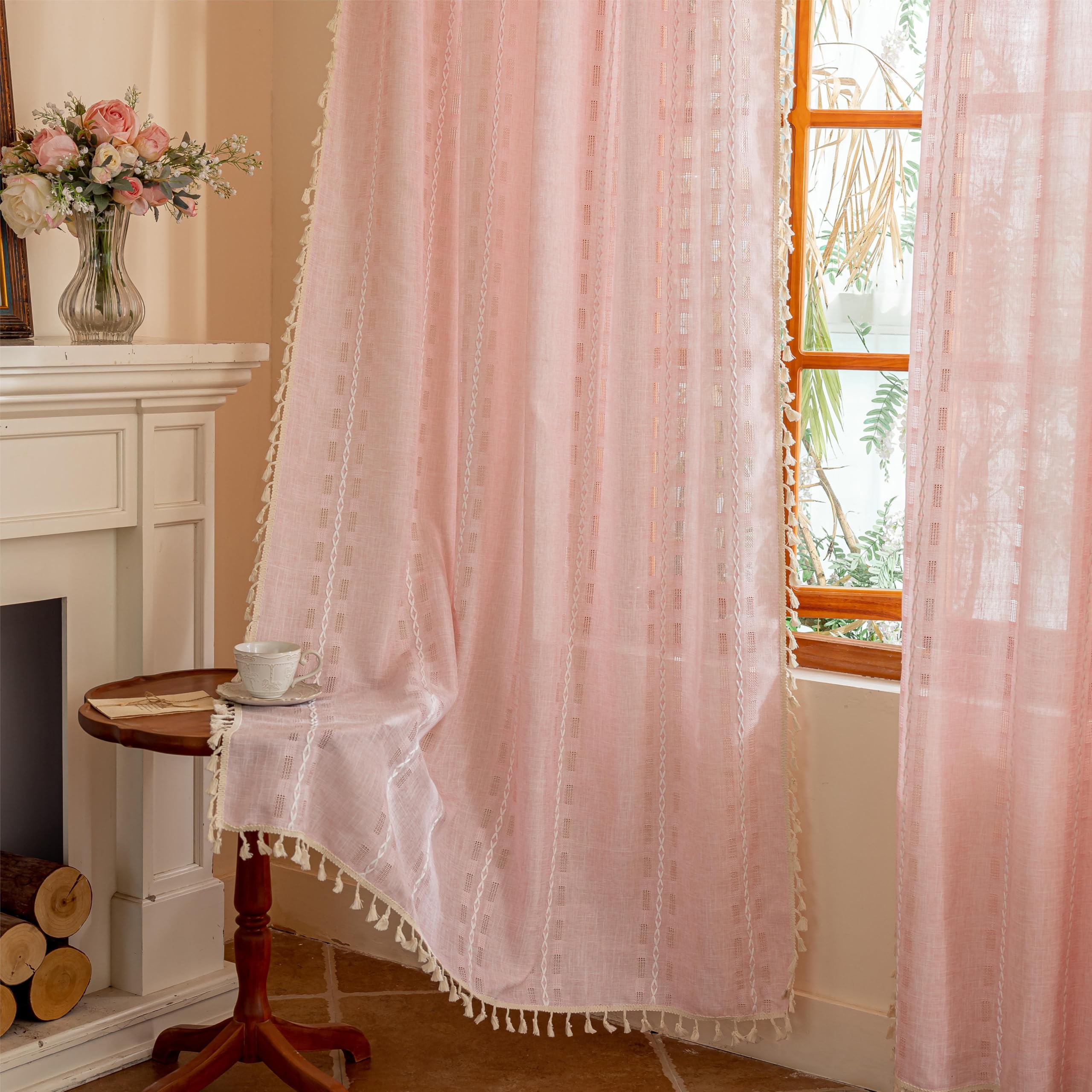 Natural Boho Semi Sheer Curtains 63 inch Length 2 Panel Set for Bedroom & Farmhouse, Bohemian Beige Light Filtering Privacy Drapes Tassels Shabby Chic Embroidery Window Curtains Back Tab & Rod pocket