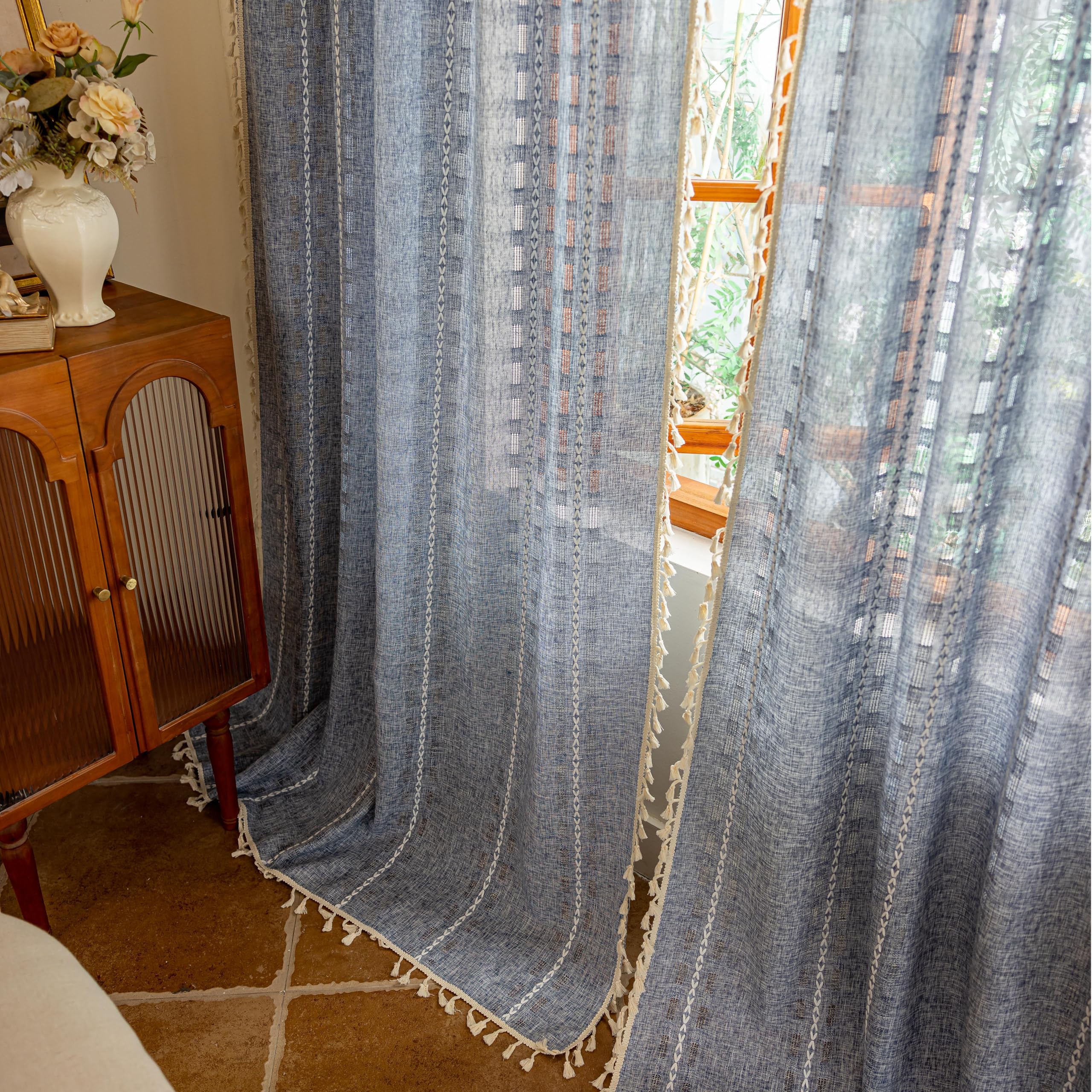 Natural Boho Semi Sheer Curtains 63 inch Length 2 Panel Set for Bedroom & Farmhouse, Bohemian Beige Light Filtering Privacy Drapes Tassels Shabby Chic Embroidery Window Curtains Back Tab & Rod pocket