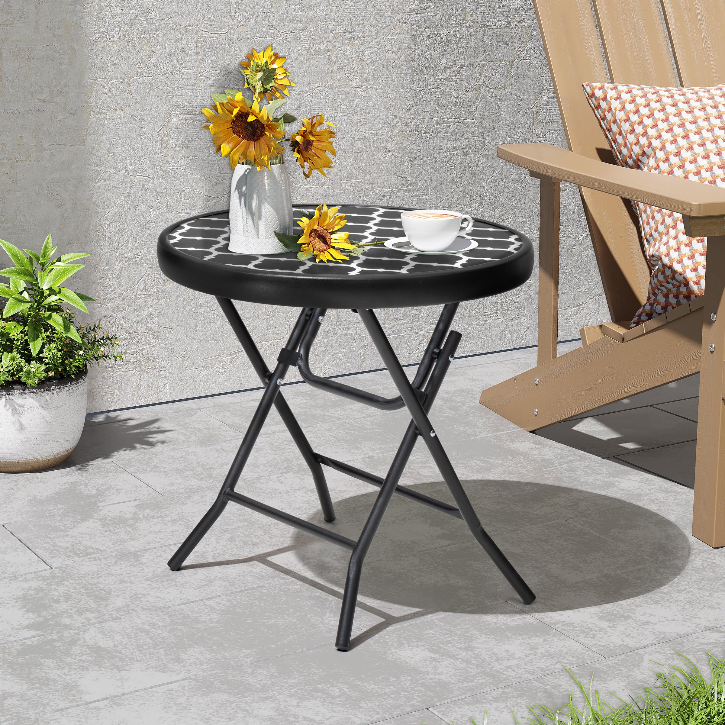 18" Black Tempered Glass Folding Side Table for Outdoor Spaces