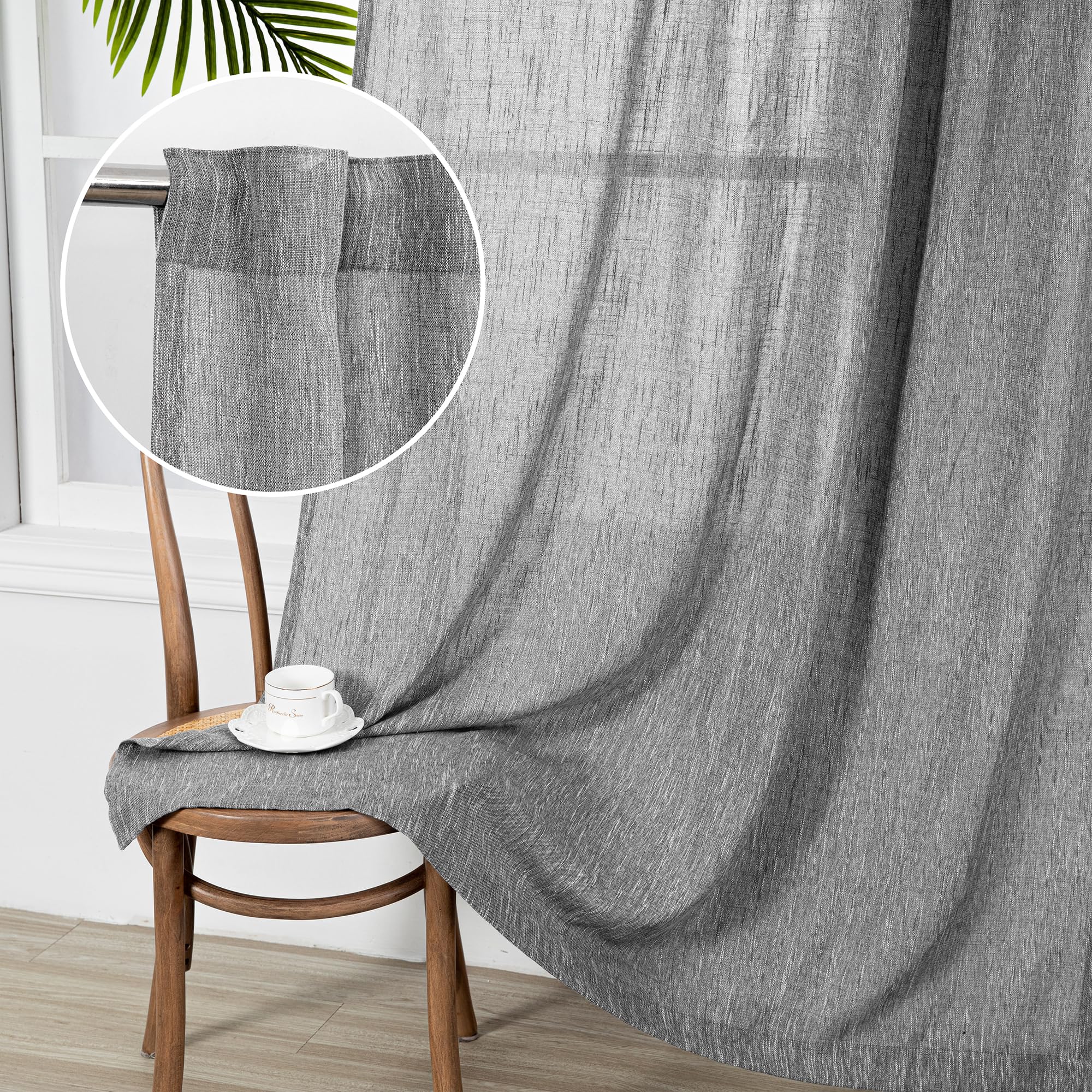 MYSKY HOME Country Curtains for Sliding Glass Door, Back Tab Semi Sheer Curtain Panels Extra Long Floor Length Drapes Linen Texture Soft Touch, 50x108 Inch, Linen, Set of 2