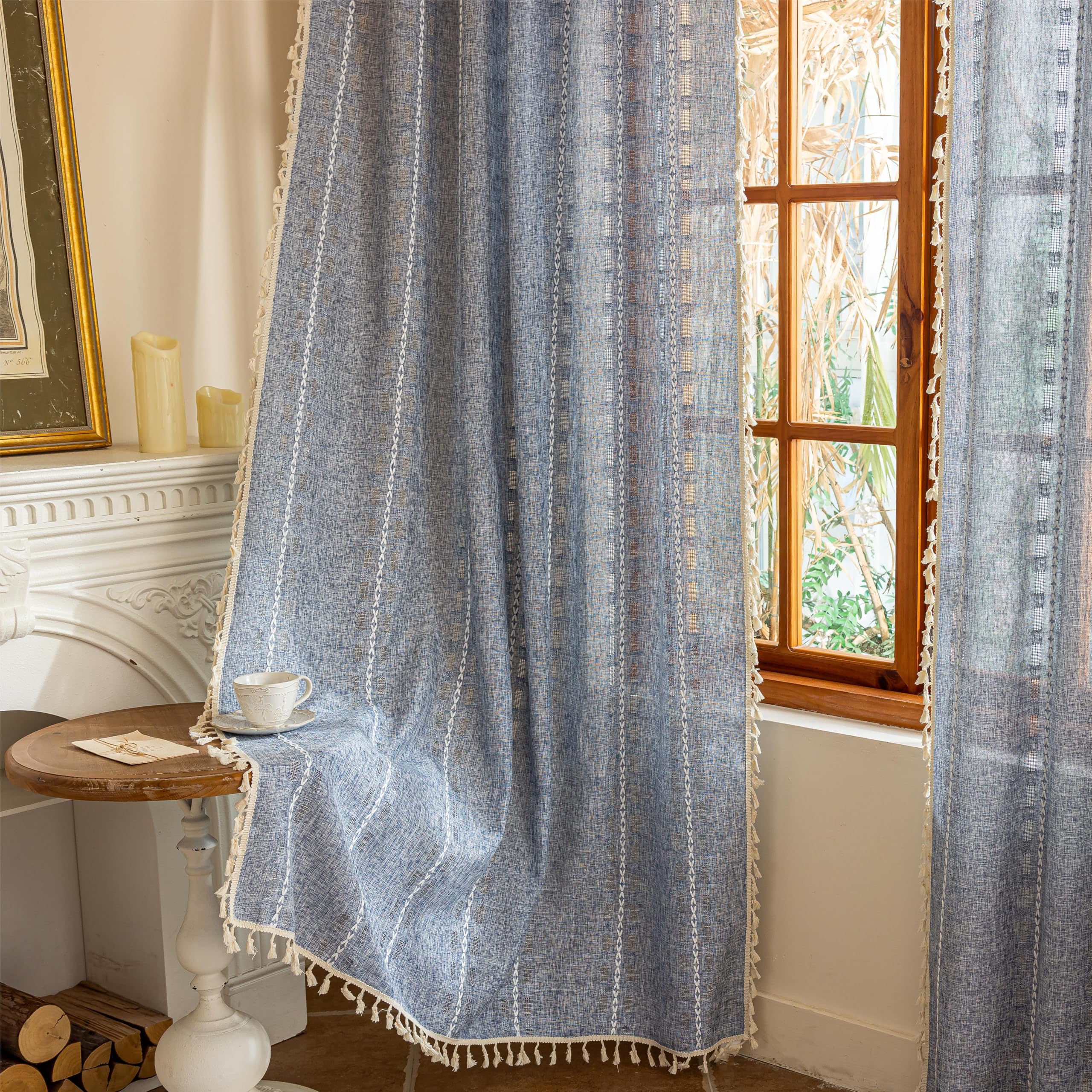 Natural Boho Semi Sheer Curtains 63 inch Length 2 Panel Set for Bedroom & Farmhouse, Bohemian Beige Light Filtering Privacy Drapes Tassels Shabby Chic Embroidery Window Curtains Back Tab & Rod pocket