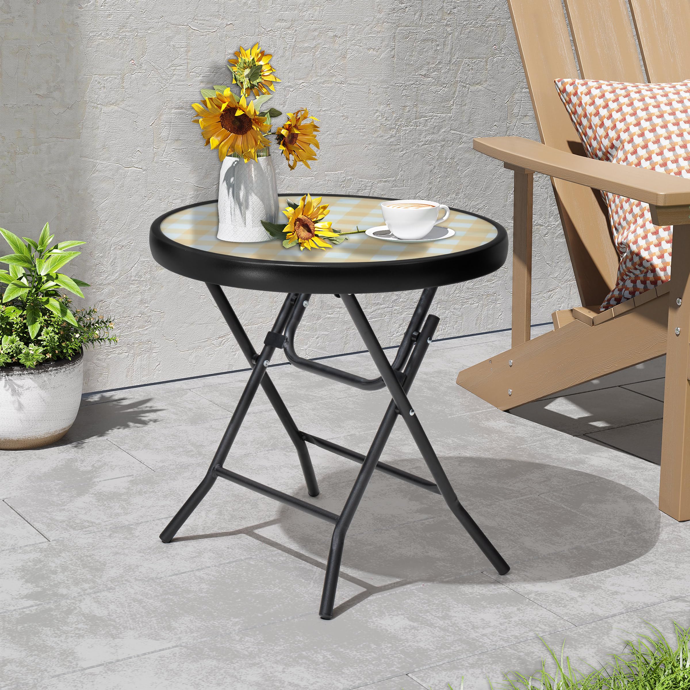 18" Black Tempered Glass Folding Side Table for Outdoor Spaces