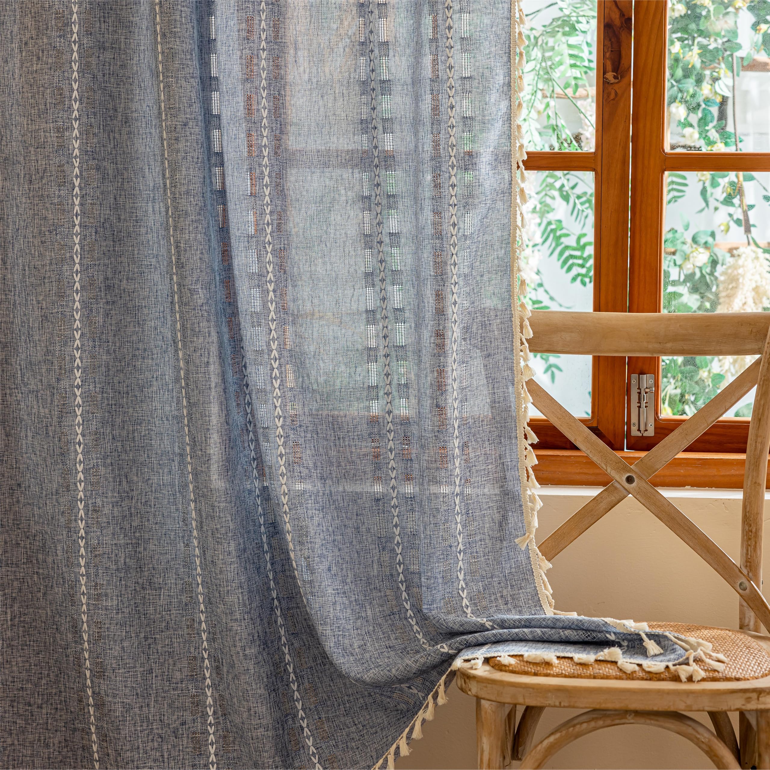 Natural Boho Semi Sheer Curtains 63 inch Length 2 Panel Set for Bedroom & Farmhouse, Bohemian Beige Light Filtering Privacy Drapes Tassels Shabby Chic Embroidery Window Curtains Back Tab & Rod pocket