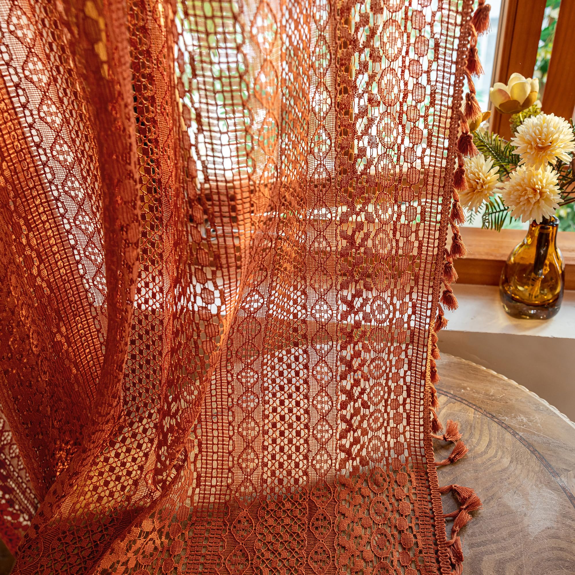 WAZZIO Boho Lace Curtains 108 Inch 2 Panel,Light Filtering Privacy Tassel & Geometry Crochet Semi Sheer Curtain Drapes for Bedroom Living Dining Room,Rod Pocket & Tassel,Vintage Farmhouse Decor,Beige
